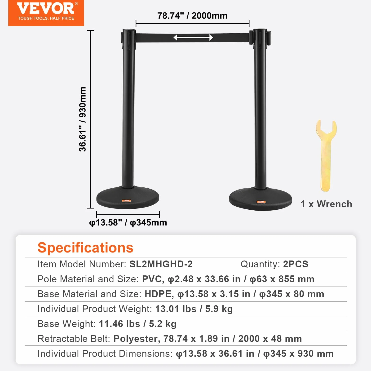 VEVOR Poste Guía 2 Piezas Barrera de Marcado 93 cm Cinta Retráctil 200 cm para Control de Multitudes
