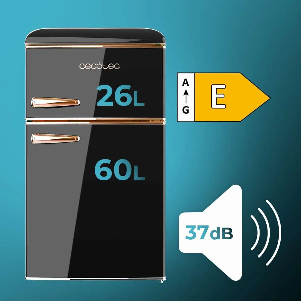 Cecotec Frigorífico 2 Puertas Retro 86L Bolero CoolMarket 2D Origin 86 Black, Clase Energética E, Icebox, Luz Interior, Tirador Cromado