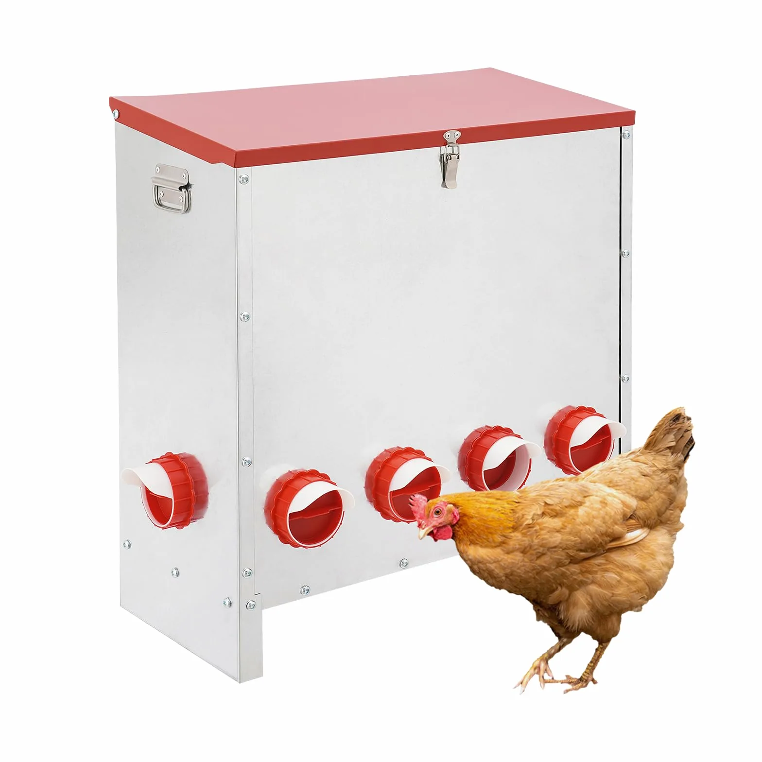 Comedero automático para gallinas, 30 kg/66 libras, de metal, con 10 orificios de alimentación y asa, resistente a la intemperie, adecuado para pollos, patos, aves de corral, etc.