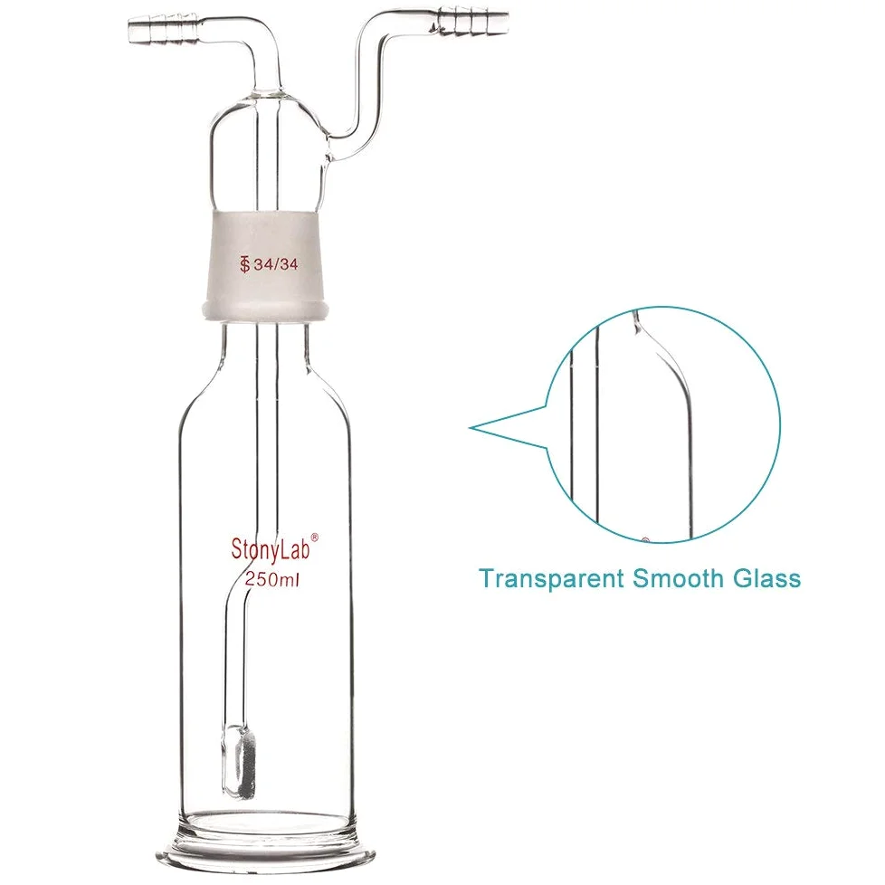 stonylab Botella de Lavado de Gas, Vidrio de Borosilicato Tapón de Gas 34/34 Gas Burbujeador Botella de Lavado con Disco Fritado y Entrada de 8 mm de Diámetro Exterior/Mangueras de Salida, 250 ml