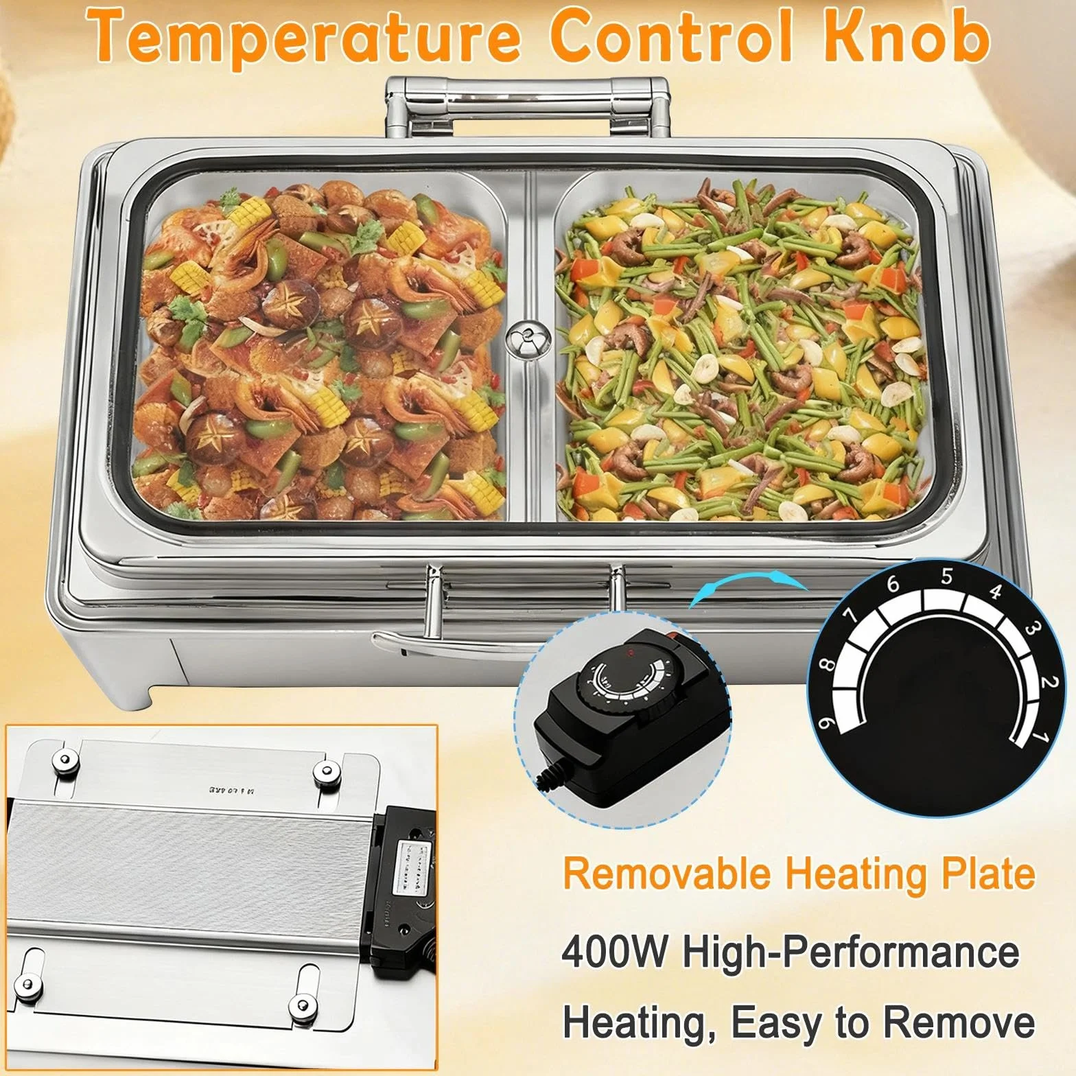 Chafing Dish Eléctrico 9L Acero Inoxidable con Tapa Transparente, Calentador de Comida para Buffet y Fiestas (1/2 Pan)