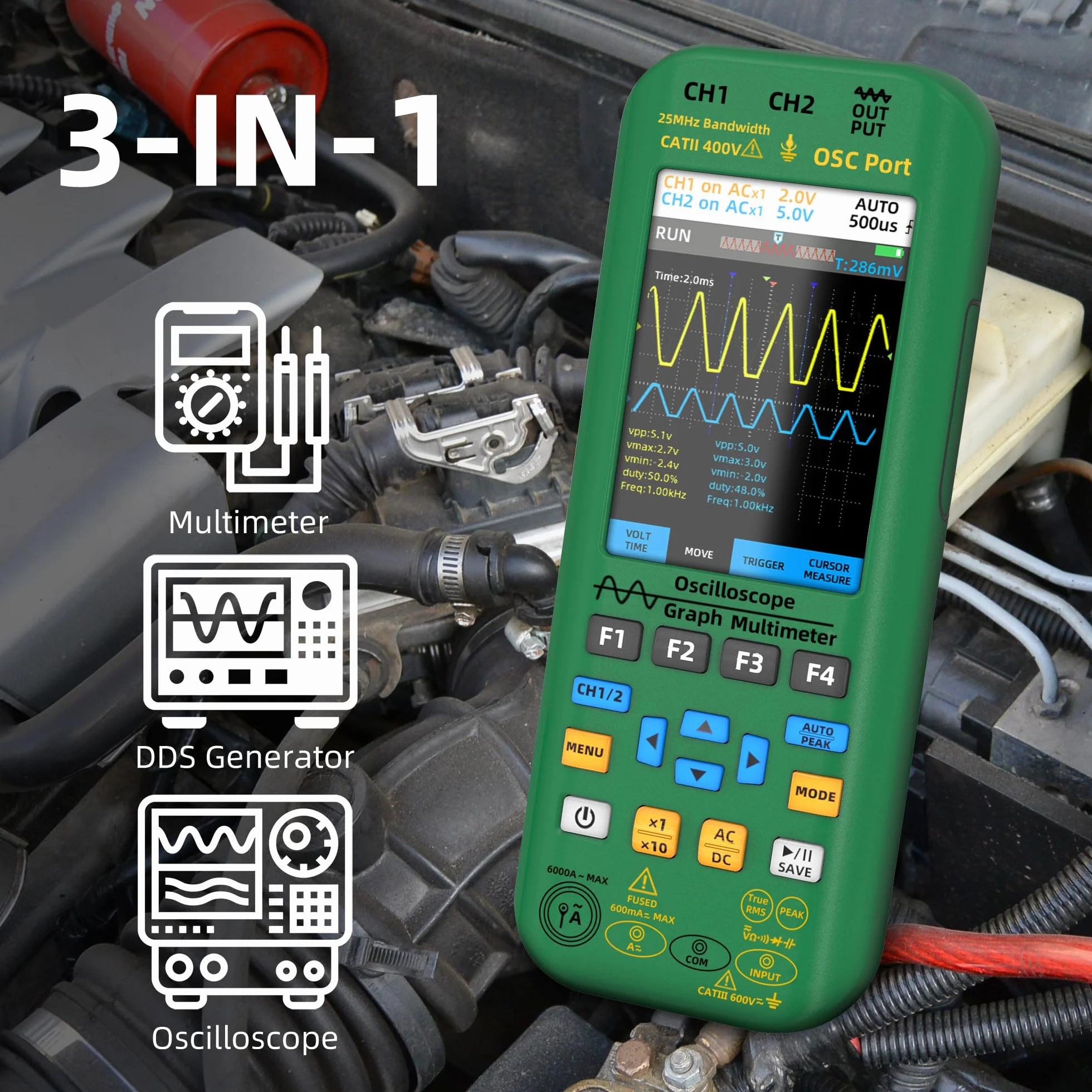 BSIDE O7 Osciloscopio Automotriz Portátil 2 Canales 25MHz 208MSa/s con 3.9 pulgadas Pantalla de Vista Completa Generador de Señal Multímetro Recargable Mide 6000A Corriente Voltaje Capacidad Diodo