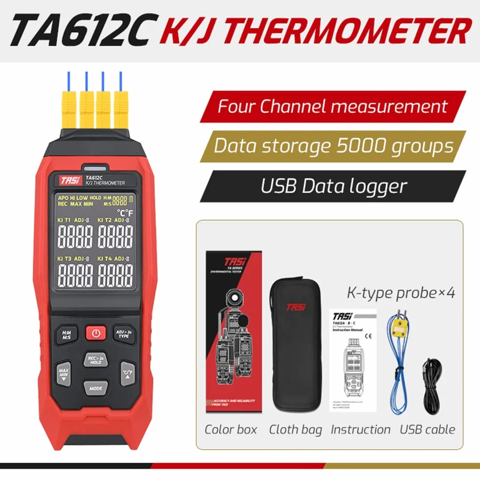 TASI TA612C Termómetro termopar tipo K/J de 4 canales -200~1372℃/ -328~2501℉ Medidor de temperatura LCD digital portátil 5000 Grupos Almacenamiento de datos con carga de datos USB y