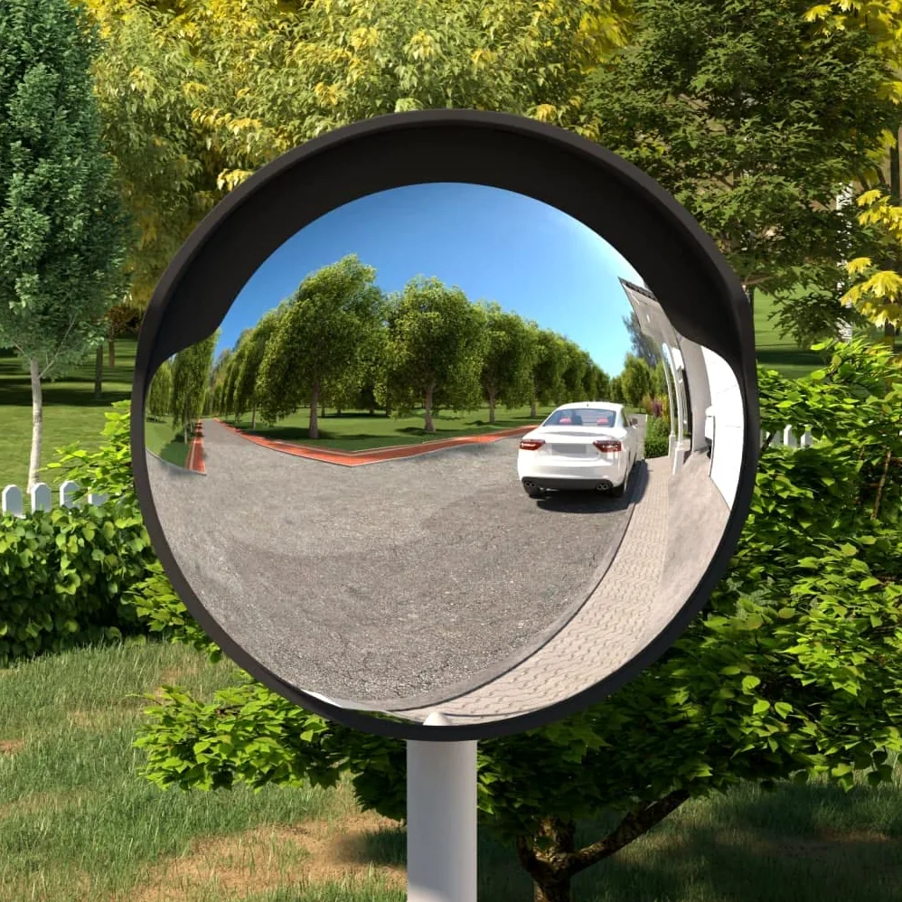 Espejo de tráfico convexo negro Ø45 cm de policarbonato irrompible con protección solar integrada para exteriores para seguridad vial en carreteras, aparcamientos y obras