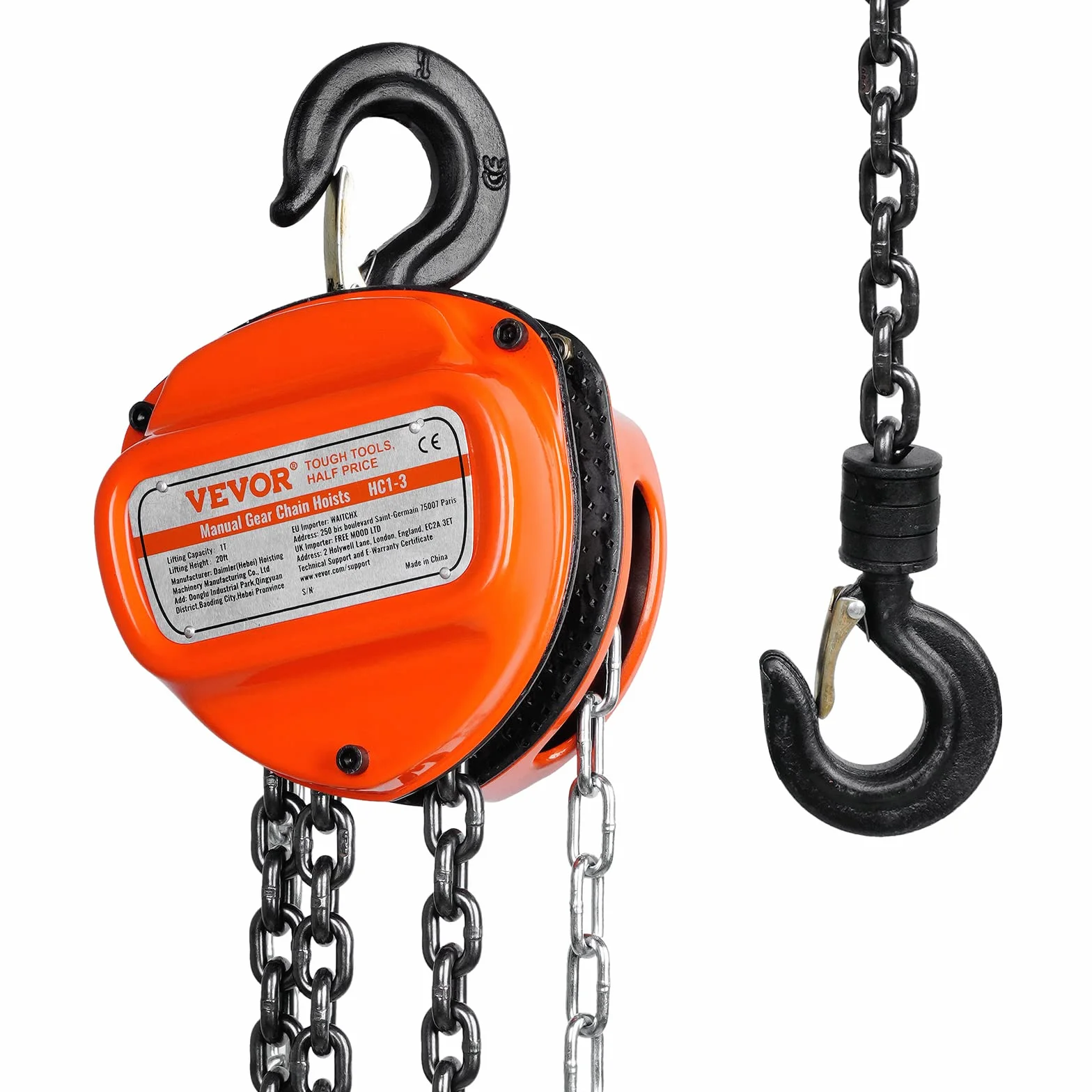 VEVOR Polipasto de Cadena Manual 1 T Polipasto de Cadena con Gancho de Bloque de 360° Altura de Elevación 5,6 m Acero Aleado G80 Guía de Cadena con Freno de Doble Trinquete para Garajes de Mercancías