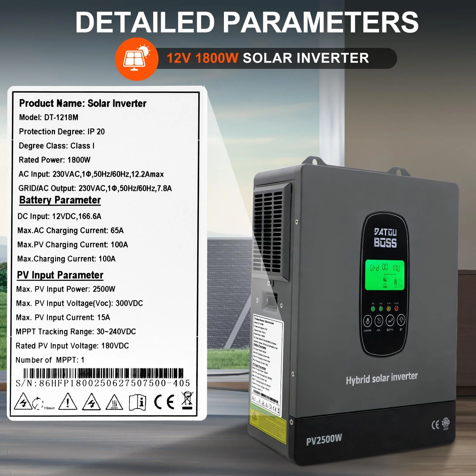 DATOUBOSS Inversor Solar Híbrido 1800W 12V Onda Sinusoidal Pura, de 12V CC a 220V/230V CA con Regulador Solar MPPT, Sistema de Protección BMS, para Baterías de Litio (12V-1800W)