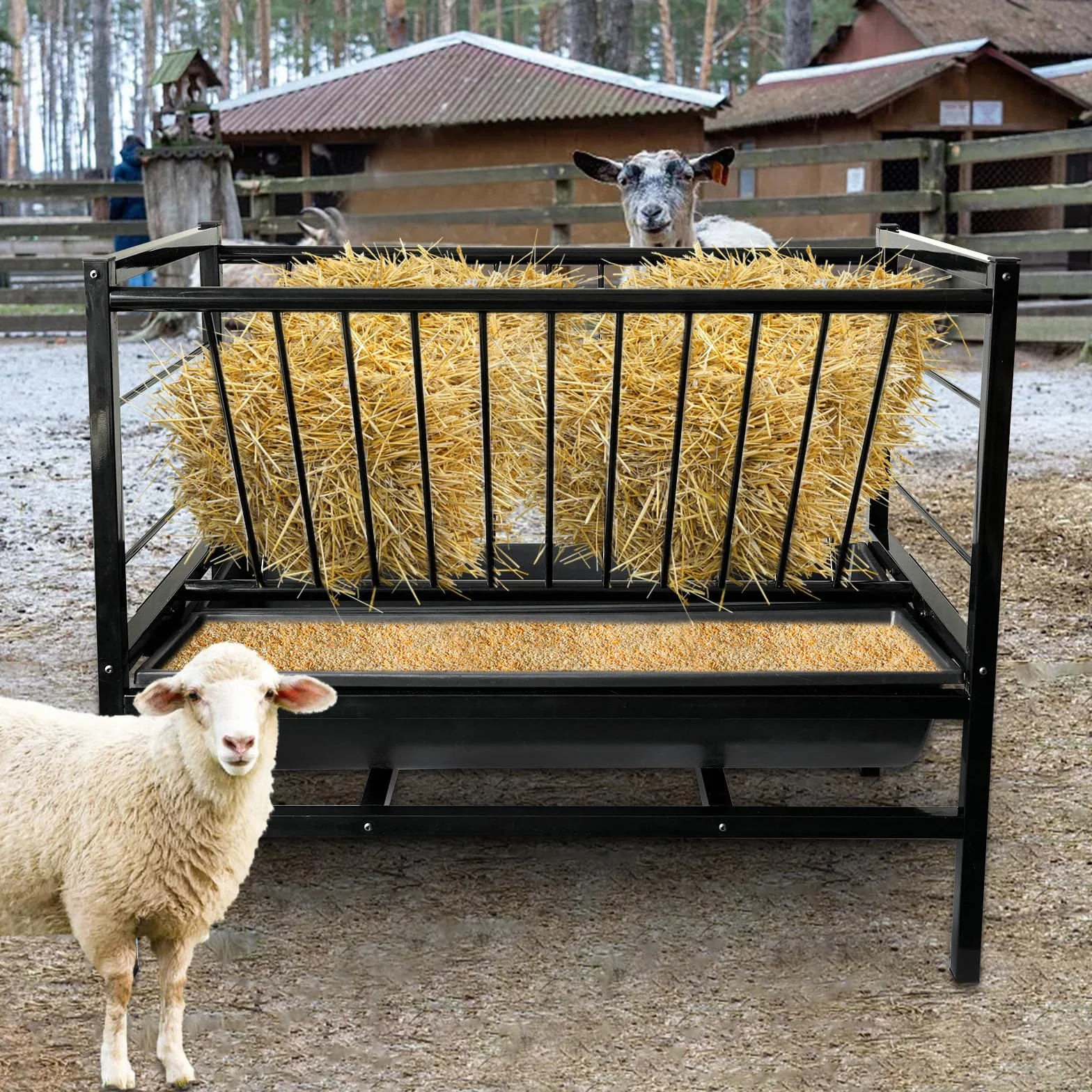 Comedero de heno 2 en 1 para cabras, caballos, vacas, ovejas y ganado - Comedero de grano para pasto al aire libre con 2 canales de alimentación más profundos para el ganado