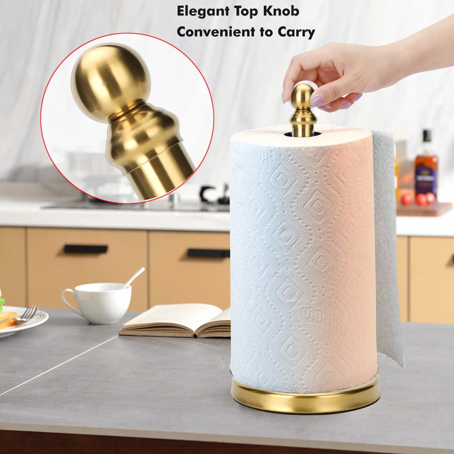 Soporte Dorado para Toallas de Papel para Encimera, Base Pesada para una Mano, Cocina y Baño