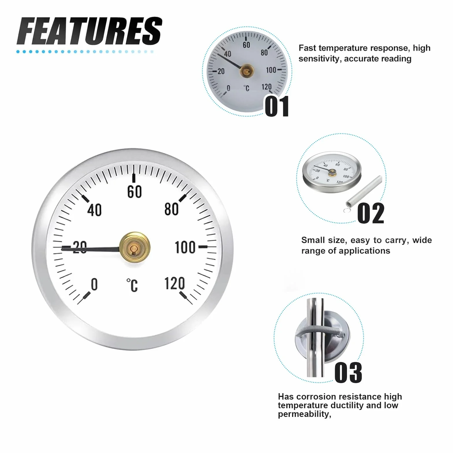 Termómetro de Tubo de Agua Caliente Clip, 0-120℃ Clip On, 63mm Indicador de Temperatura para Tubos