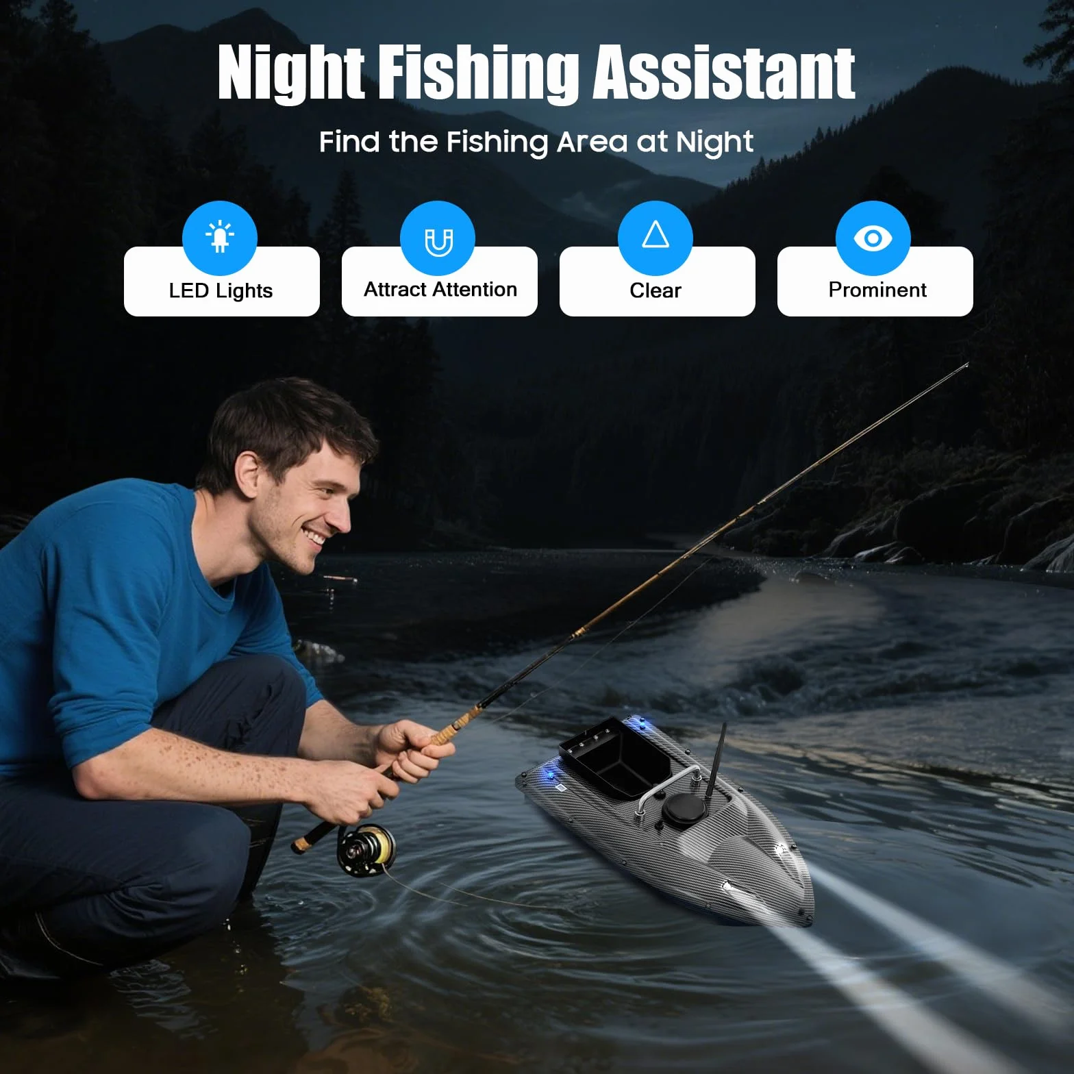 Barco de pesca RC teledirigido 49x27x16 cm carga 1,5 kg motor doble control crucero LED 5200 mAh