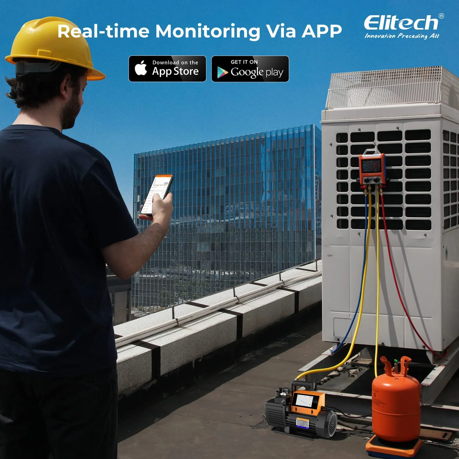 Elitech Bomba de vacío V900 9 CFM: bomba de vacío inteligente de 2 etapas con control por aplicación y medidor de vacío adicional para un diagnóstico preciso del sistema HVAC