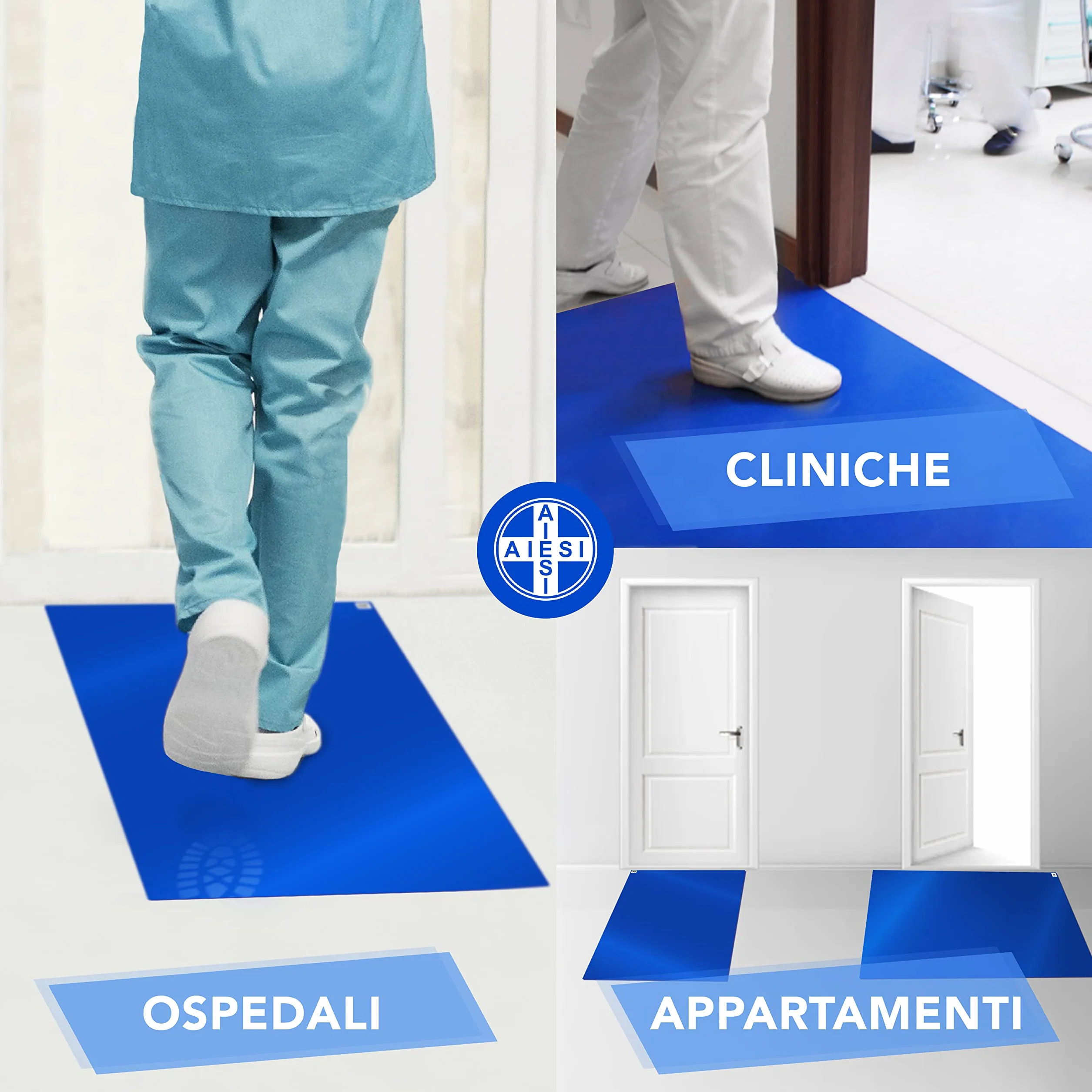 AIESI® Alfombra Descontaminante Adhesiva 30 Hojas desprendible con BACTERICIDA Azul Dimensiones 90x115 cm (5 alfombras de 30 Hojas), Antibacteriana, Antipolvo