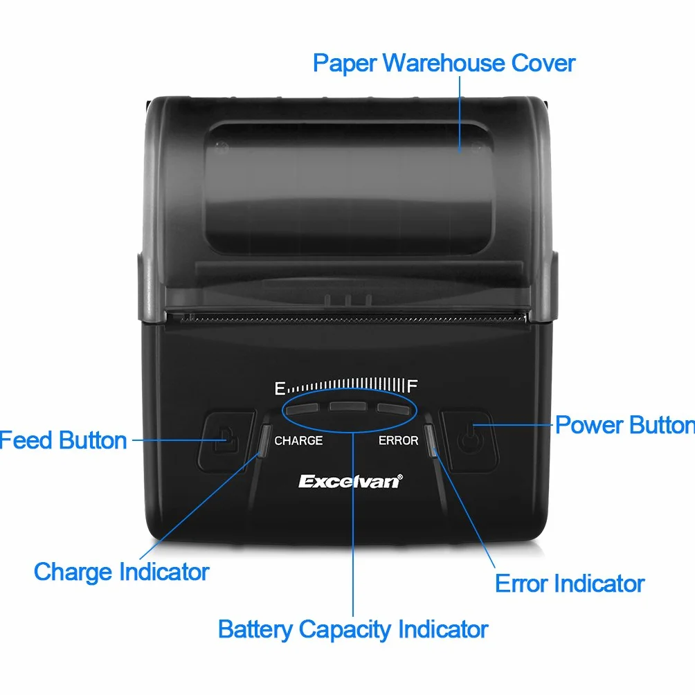 EXCELVAN E300 - Impresora Térmica de Recibos y Billetes (Bluetooth Inalámbrica, Portátil, USB, 90Mm/seg, 80mm, ESC/POS, para Pos Terminal Punto de Venta), Negro