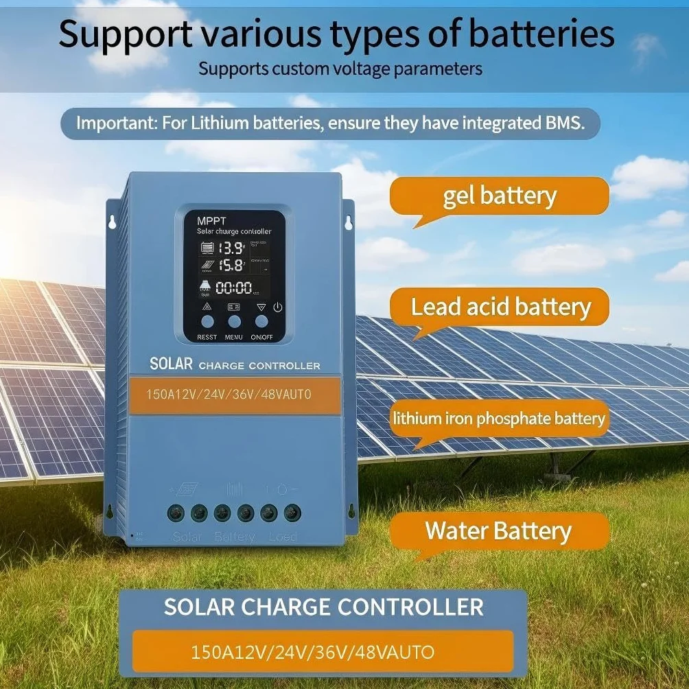 Regulador de carga solar MPPT de 150 A, 12 V/24 V/36 V/48 V, detección automática, pantalla LCD, protección contra sobrecarga para autocaravanas/camiones/sistemas de PV domésticos LiFePO4/batería de