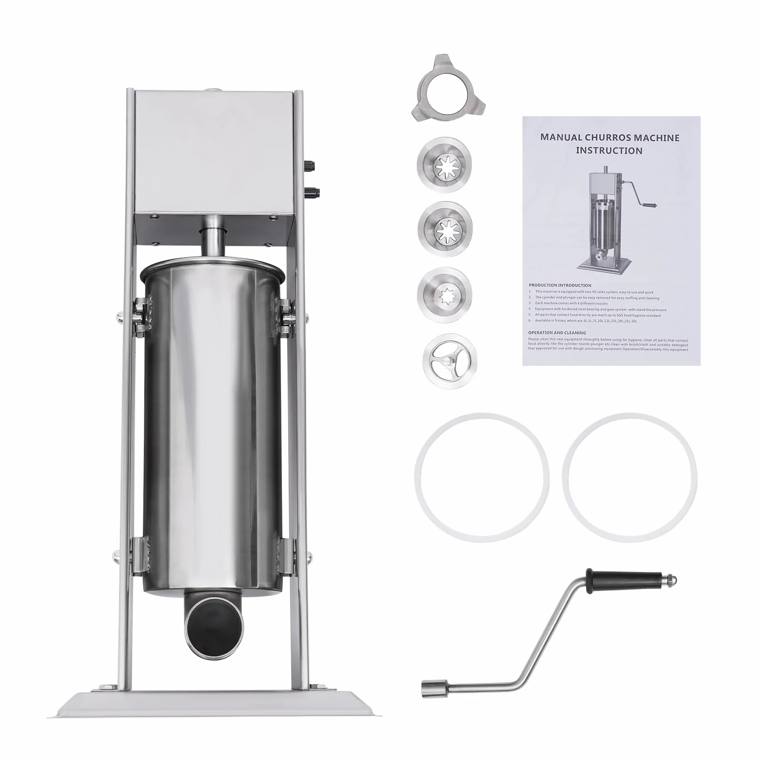Máquina de churros manual profesional de 5 litros multifuncional para aperitivos, máquina de churros de acero inoxidable comercial con 4 boquillas (3 formas diferentes), para uso comercial o privado