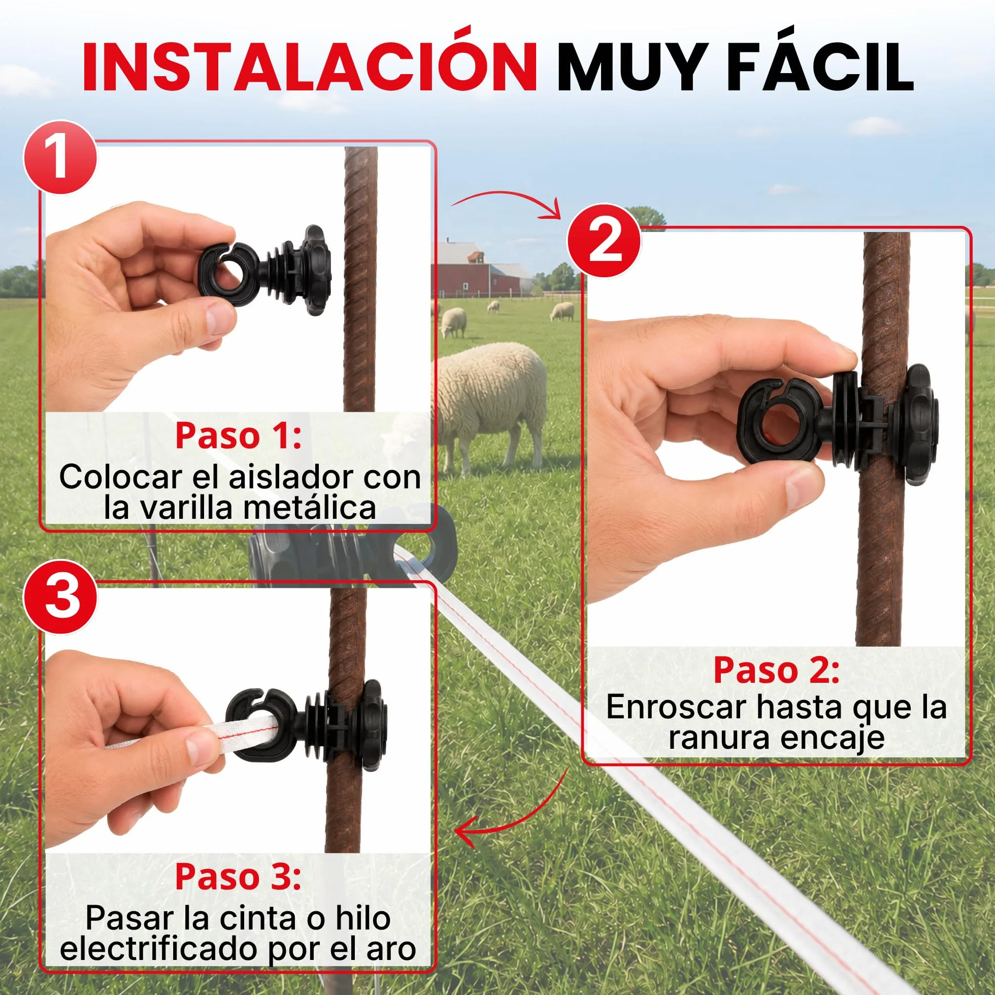 Llampec Aislador Ais00006E - Pack 200 Aisladores N-6E para Pastor Eléctrico, Compatibles con Varilla, Hilo y Cable, Aislamiento de Alta Resistencia para Cercados Eléctricos y Vallados de Ganado