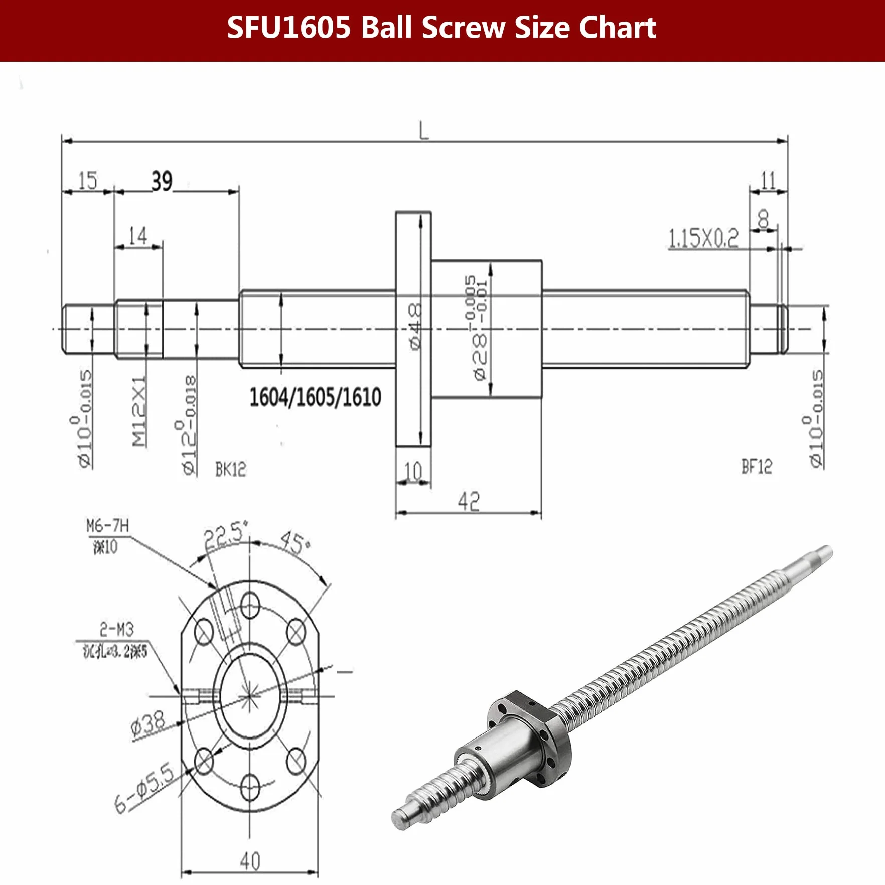 CNCMANS SFU1605 Juego de husillo de bolas 400 mm 16 mm acero inoxidable guía lineal BK12/BF12