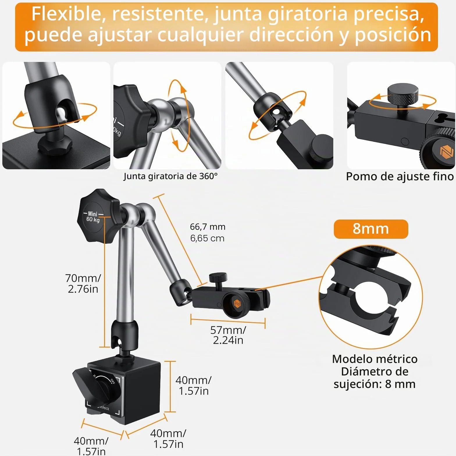 Neoteck Reloj Comparador 0-20mm Indicador de Cuadrante 0.01mm con Base Magnética 132lbs/60kg para Torno CNC Impresora 3D