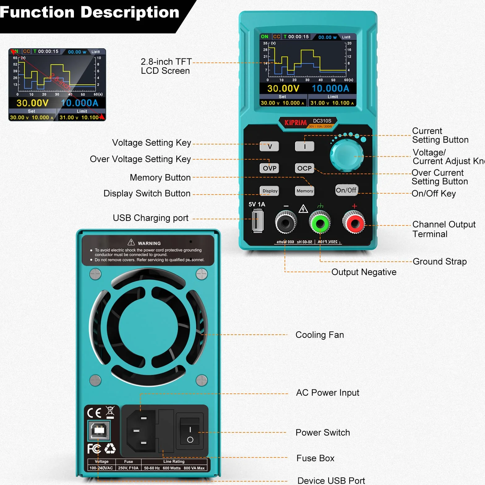 Kiprim Fuente de Laboratorio Regulable, 0-30V 0-10A 300W con Memoria Rápida M1-M4, Fuente DC Programable con Pantalla TFT, Protección OVP/OCP/OTP, Puertos USB - DC310S