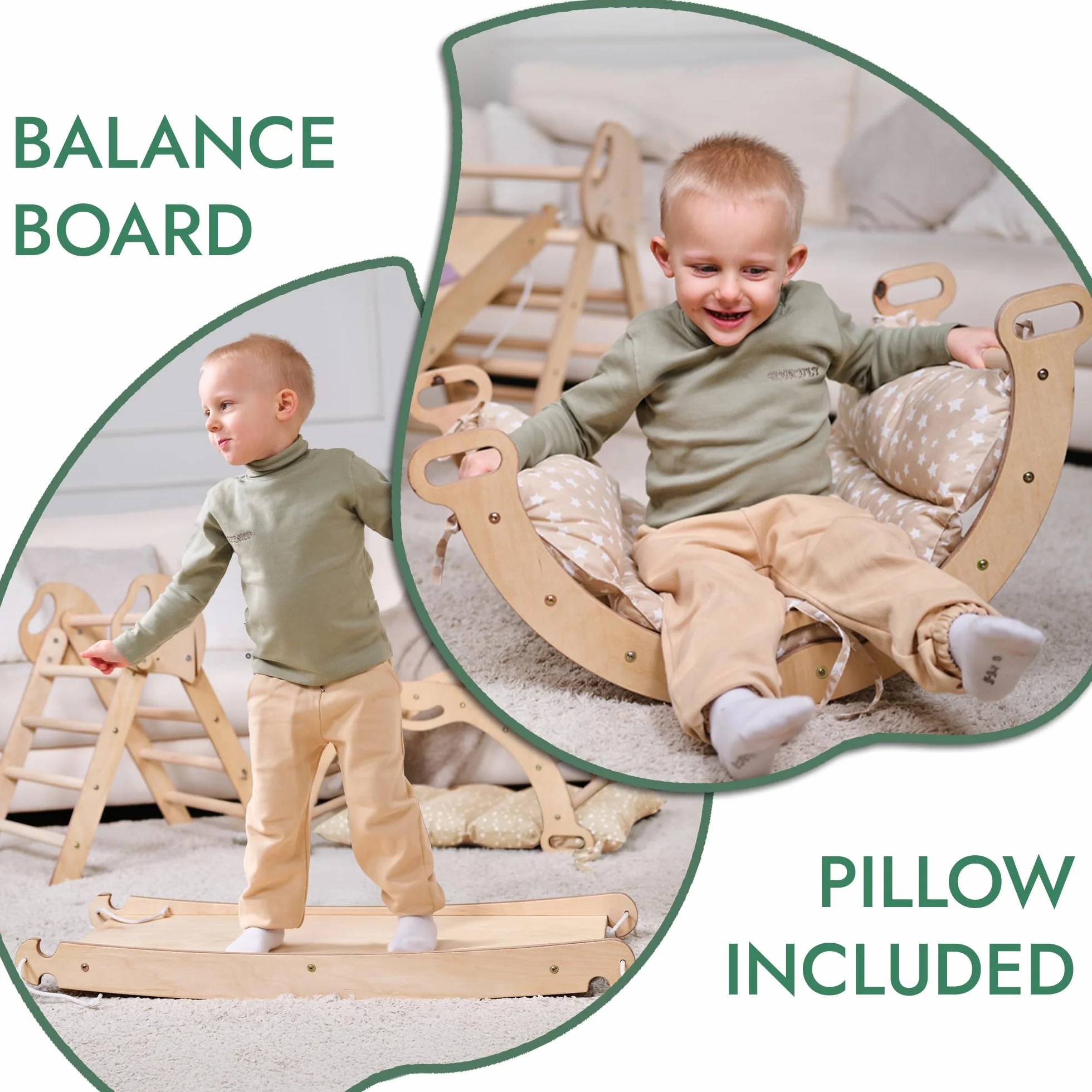 Estructura de Escalada 5 en 1 para Niños - Escalera Triángulo, Arco, Balance Board, Cojín, Gimnasio Montessori de Madera 1-3 Años