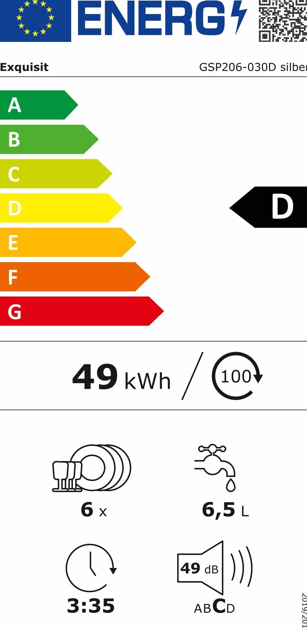 Exquisit Lavavajillas 55cm Clase D Plateado 6 Servicios 7 Programas 30 Min Inicio Diferido 49 kWh/100ciclos