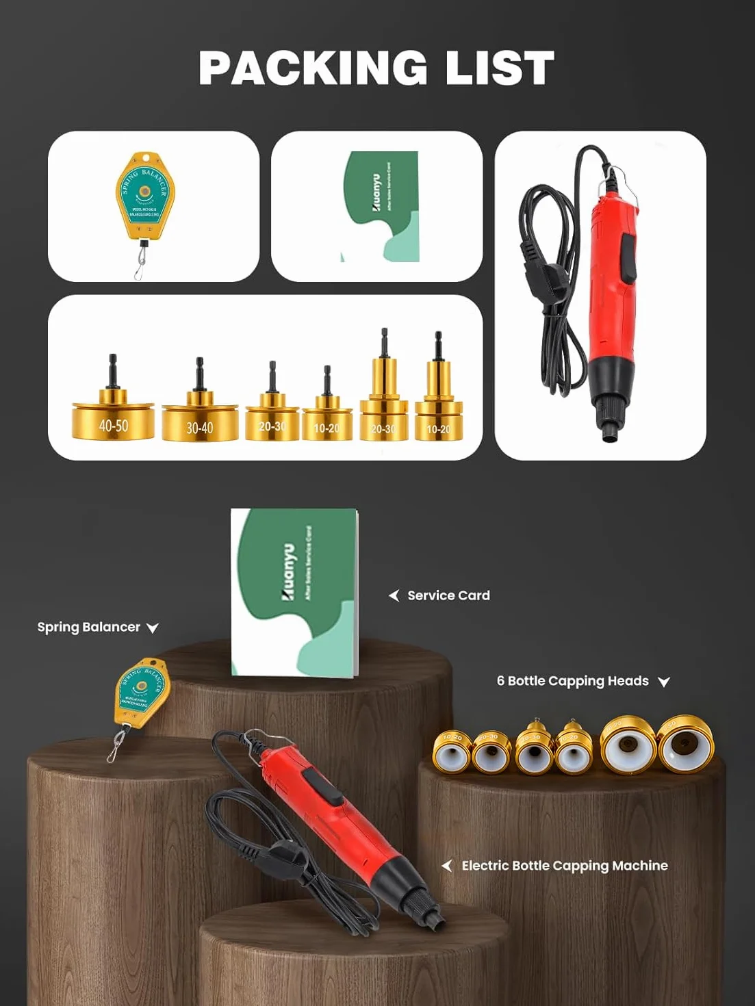 Huanyu Electric Bottle Capper Máquina de tapado portátil Sellador de tapado ajustable de velocidad de 10 mm a 50 mm Máx. 1300 RPM (220 V, tapadora + 6 cabezales de atornillado + extractor)