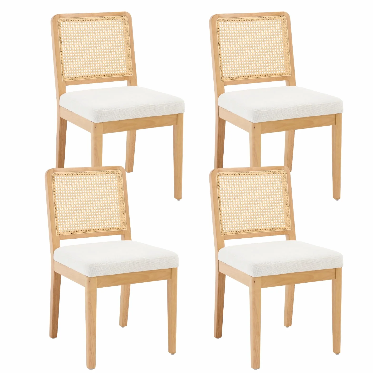 chairus Juego 4 de Sillas de Comedor Madera Sillas Cocina de Rústico con Respaldo Ratán, Sillas Restaurante Tapizadas de Chenilla Sillas de Salón Sencillas para Hogar, Blanco