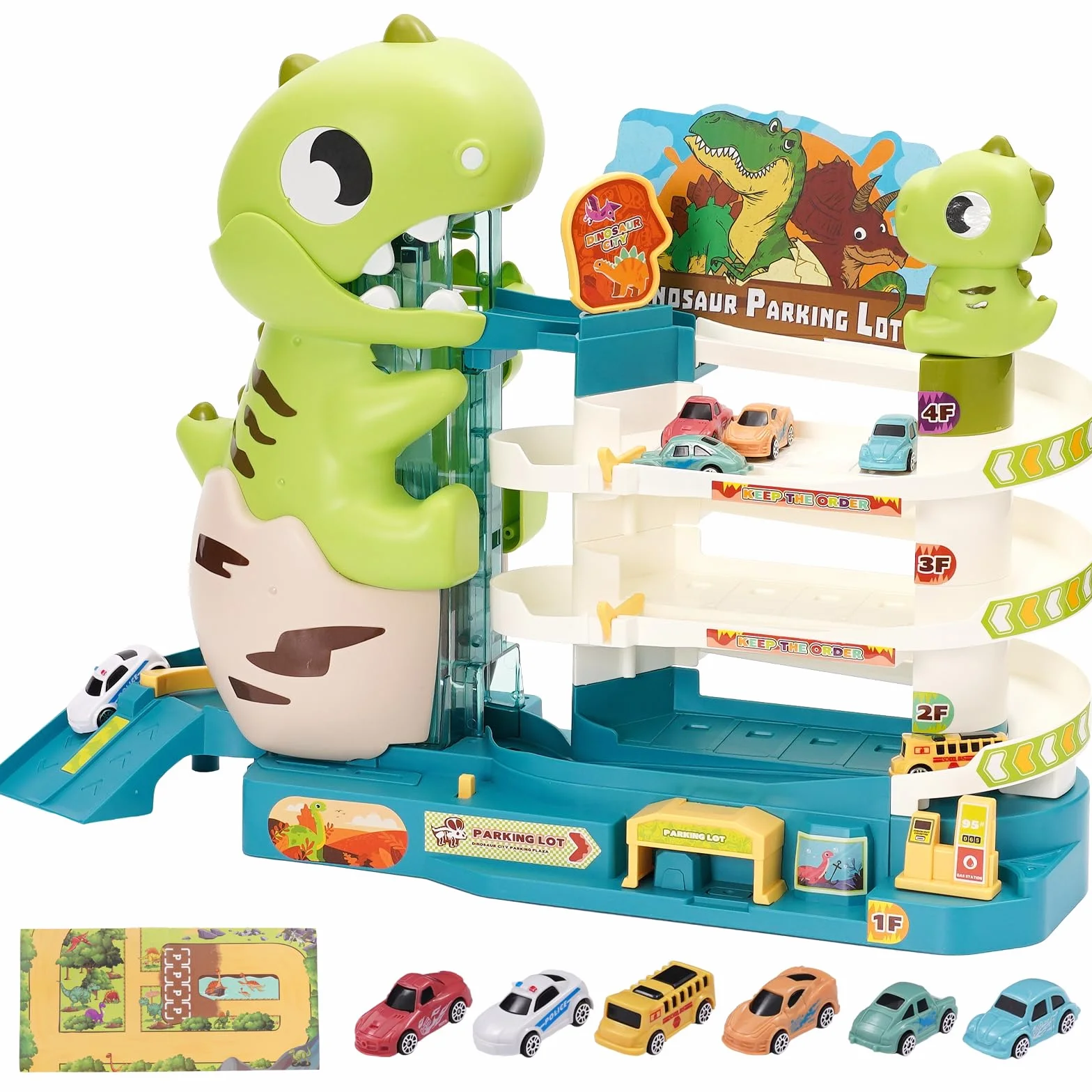 Parking Coches Juguete con Tres Plantas y Elevador, Dinosaurio Pista con 6 Autos, Regalos Educativos para Niños 5-9 Años