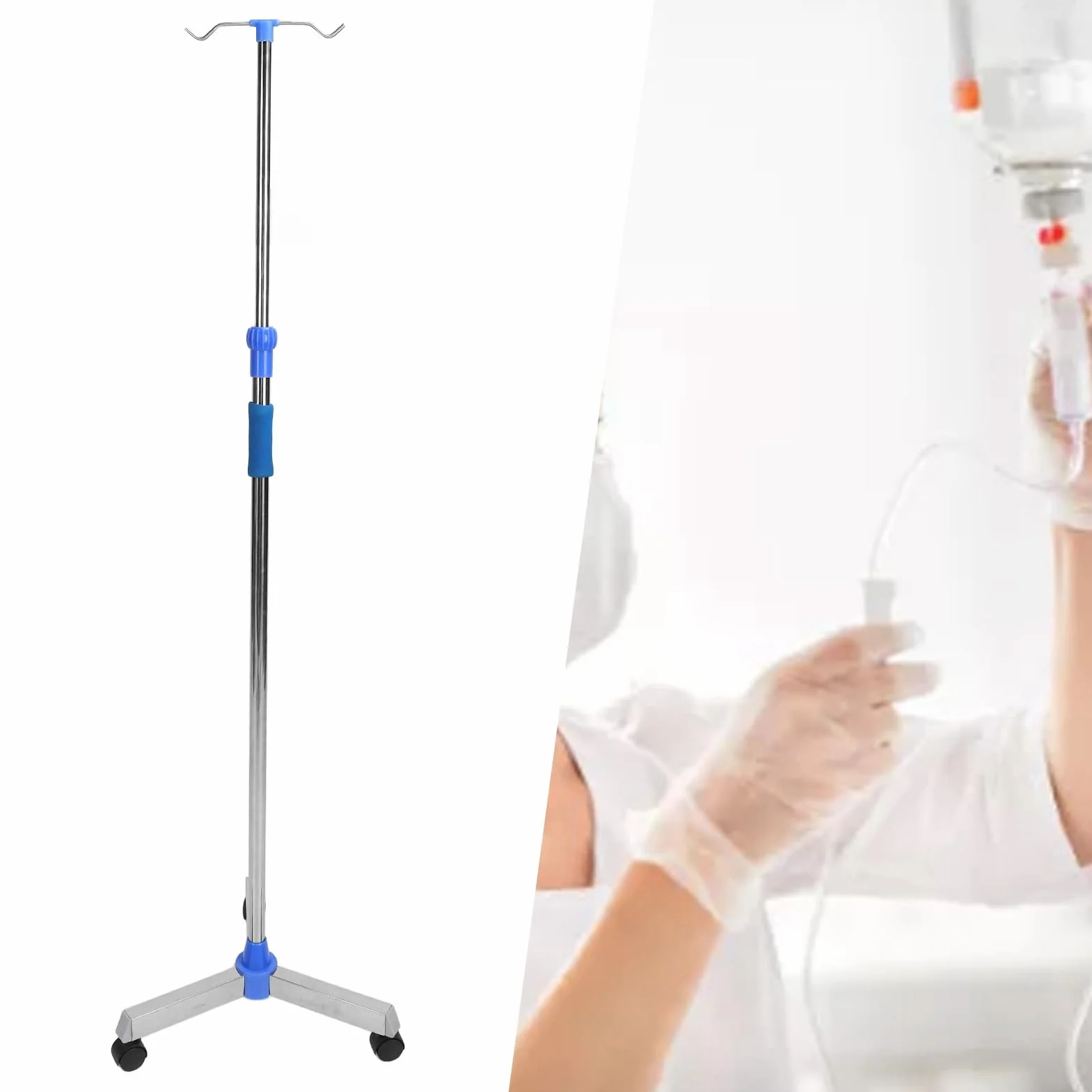 Portasueros, Soporte para Suero de Acero Inoxidable con Ajustable, Base Triangular con Ruedas, Varilla Gruesa, 2 Ganchos, Soporte para Bolsa Intravenosa para el Hogar, Clínica,