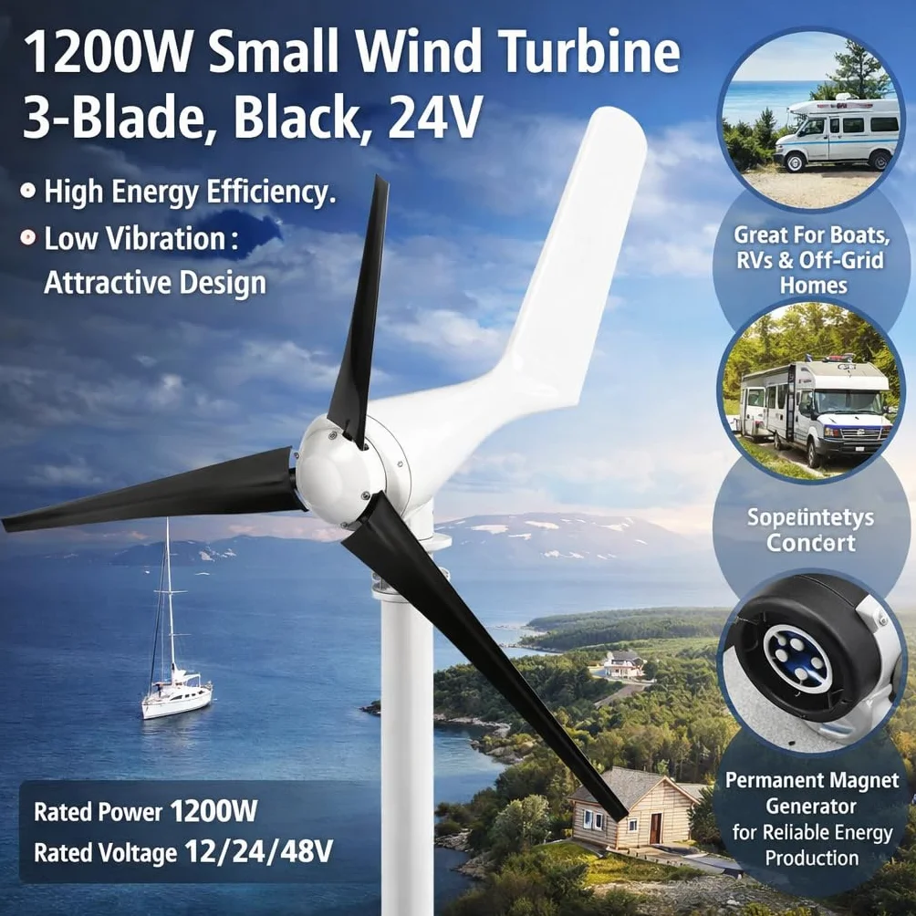 Generador de Turbina de Viento 1200W con 3 Palas y Controlador, Kit para Carga Marina Doméstica (Negro 24V)