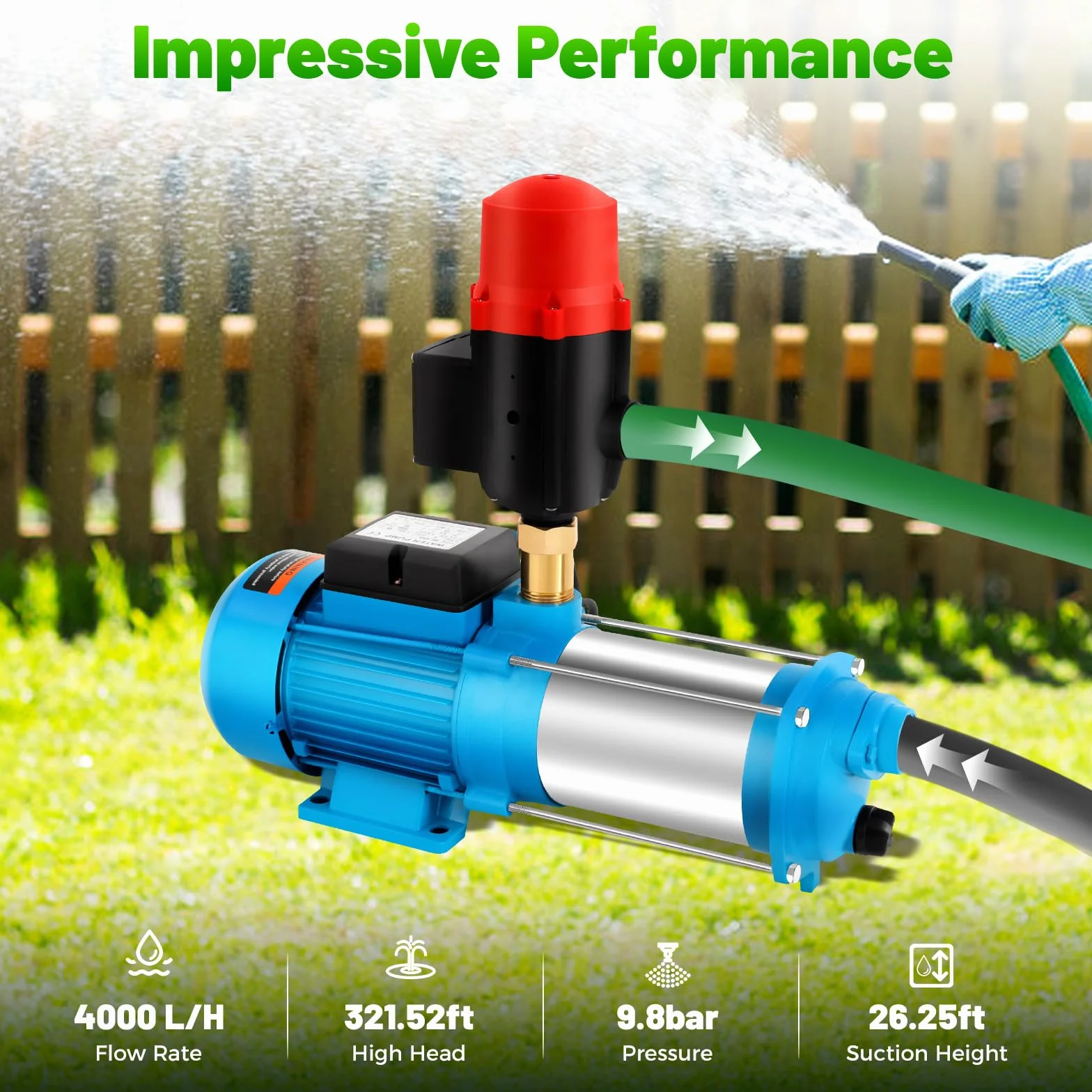 Bomba centrífuga SHIOUCY de 1300 W, 6000 L/H, bomba de agua doméstica, turquesa, acero inoxidable, 9,8 bar