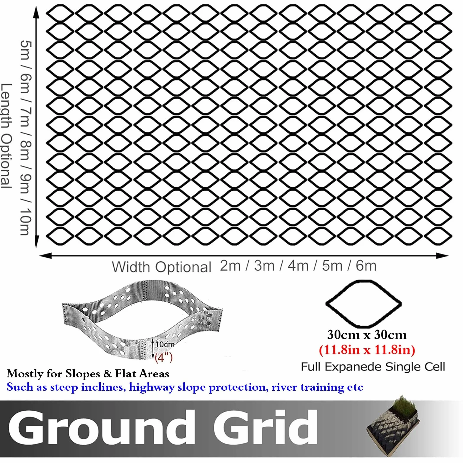 Geocelda Rejilla de estabilización de suelos Geo Grid de 1 m, 5 m y 10 m, malla de grava de HDPE para exteriores, laderas empinadas, paisajismo, pasarelas, senderos y caminos.(10 cm high,2m x 5m)