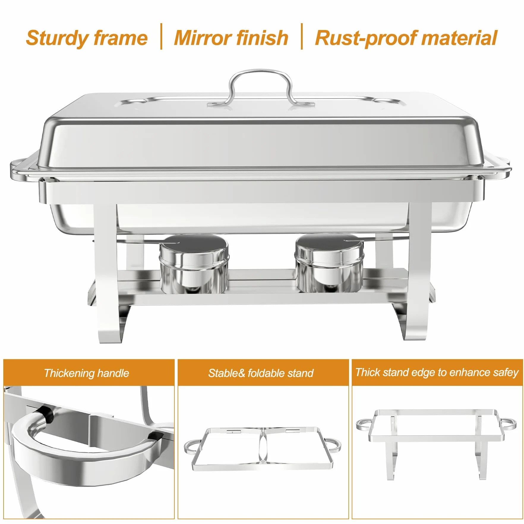 Juego de 4 Platos Calentadores Buffet 9L Acero Inoxidable Rectangular con Bandeja y Marco Plegable
