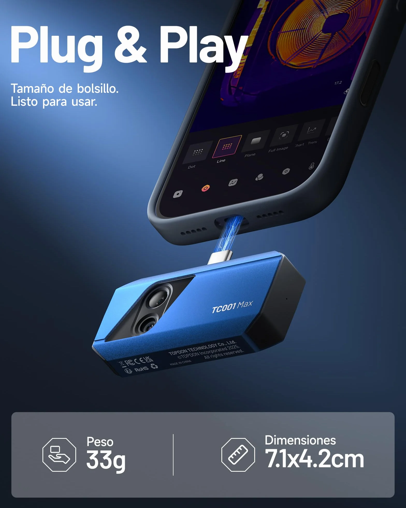 TOPDON TC001 Max Cámara Termográfica Infrarroja USB-C 1.5MP 512x384 25Hz -20℃ a 550℃ para Android iPhone