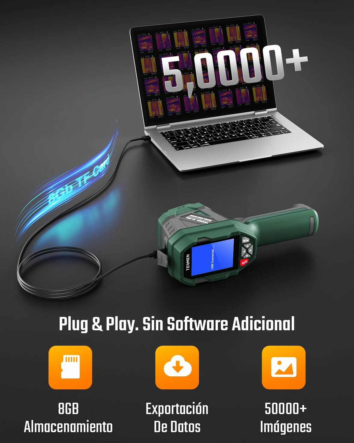TESMEN TKA-6000 Cámara Térmica, -20°C~550°C, Portátil 25 Hz, TISR 240x240, Ultra-sensible 40mK, Seguimiento en Vivo para Mantenimiento del Hogar, Inspección de Fugas y HVAC
