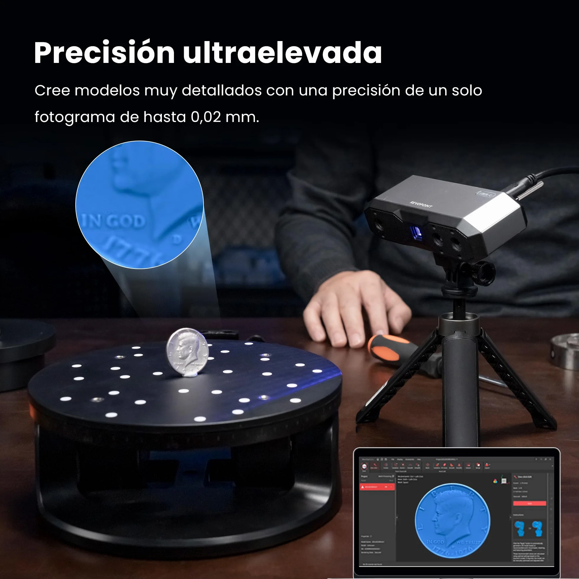 Revopoint MINI 2 Portátil Escáner 3D para Impresión 3D, Precisión 0,02mm, Escaneo Rápido 16 fps, Luz Azul Industrial, Escáner de Color Modelo 3D para Dental, Joyería y Objetos Pequeños, Estándar