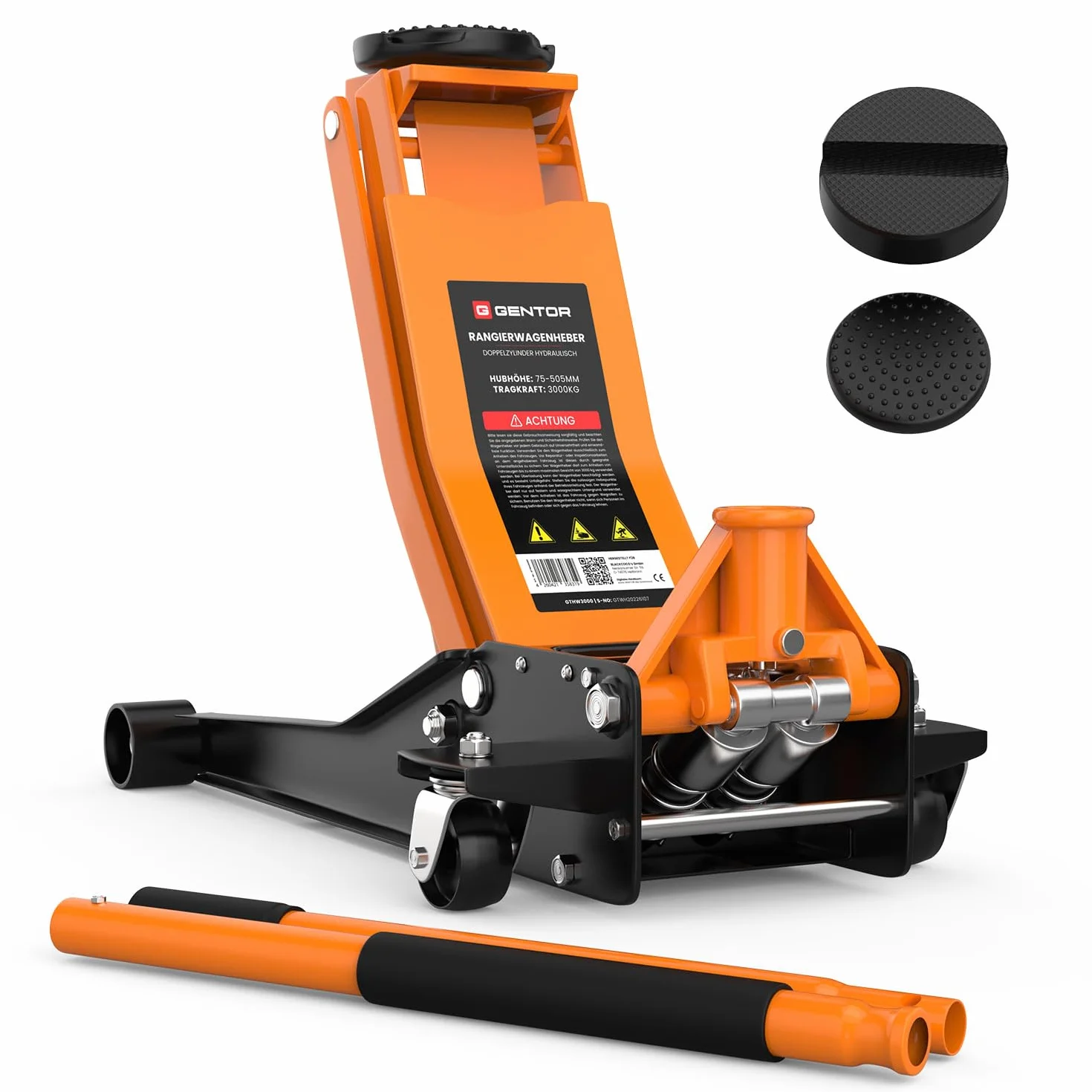 Gato hidráulico 3T de Perfil bajo 75-505mm con 2 Soportes de Goma – Elevador para Coche con Ruedas giratorias 360° – Naranja