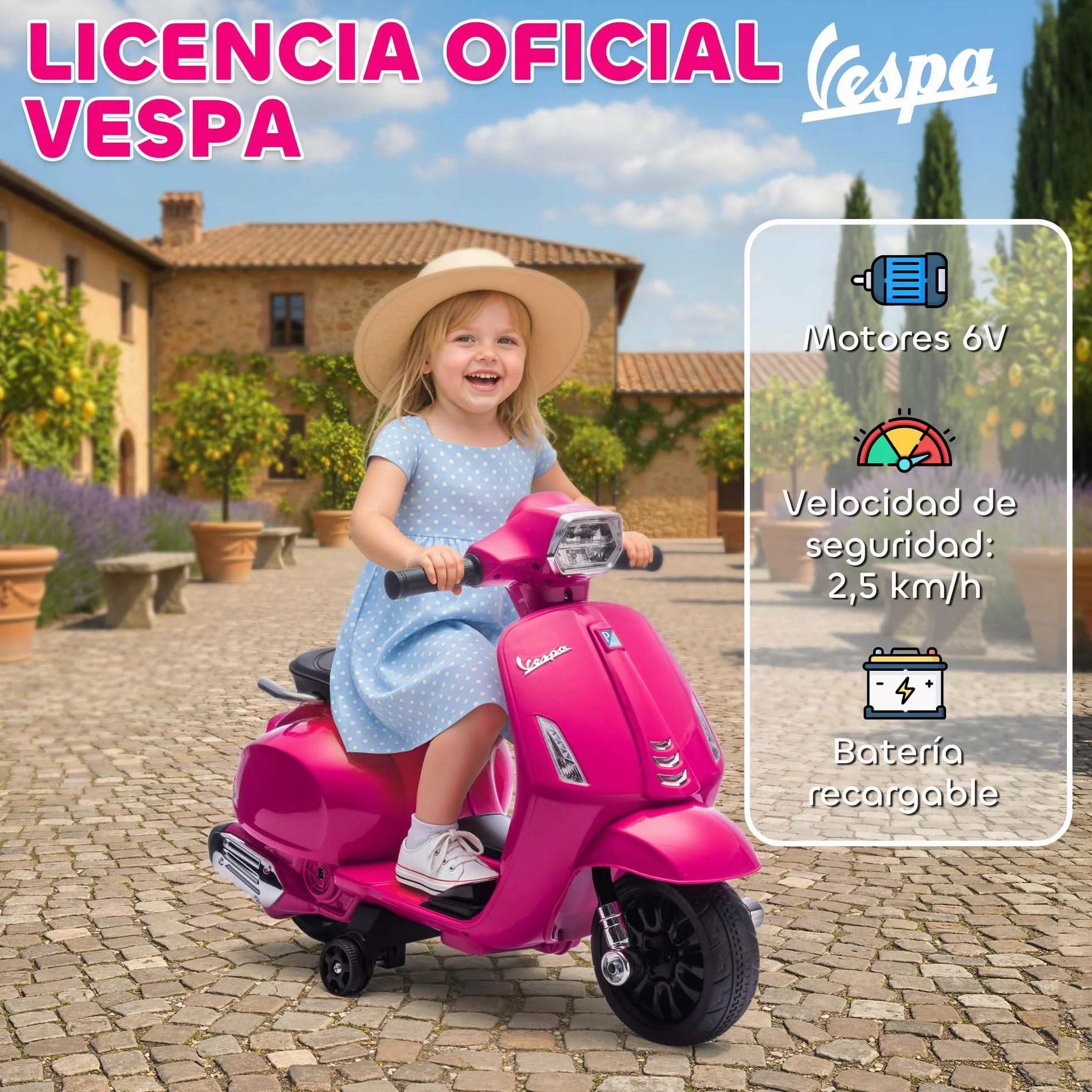 AIYAPLAY Moto Eléctrica para Niños 6V Vespa Licencia, Ruedas Auxiliares 6,9'', 2,5km/h, Faro Bocina, 2-6 Años Rosa