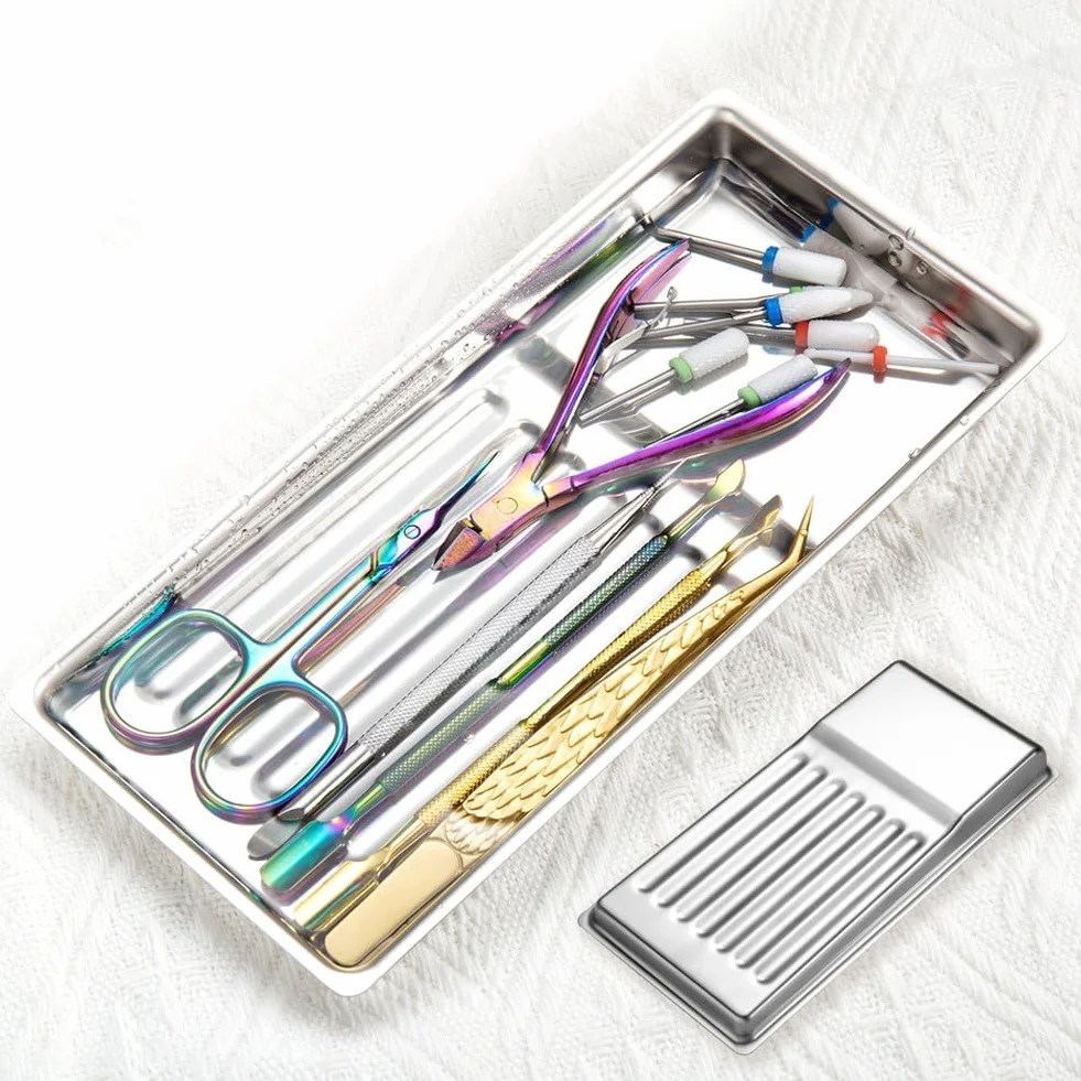 Bandeja de Herramientas de Acero Inoxidable 2 Piezas para Salón de Belleza Manicura