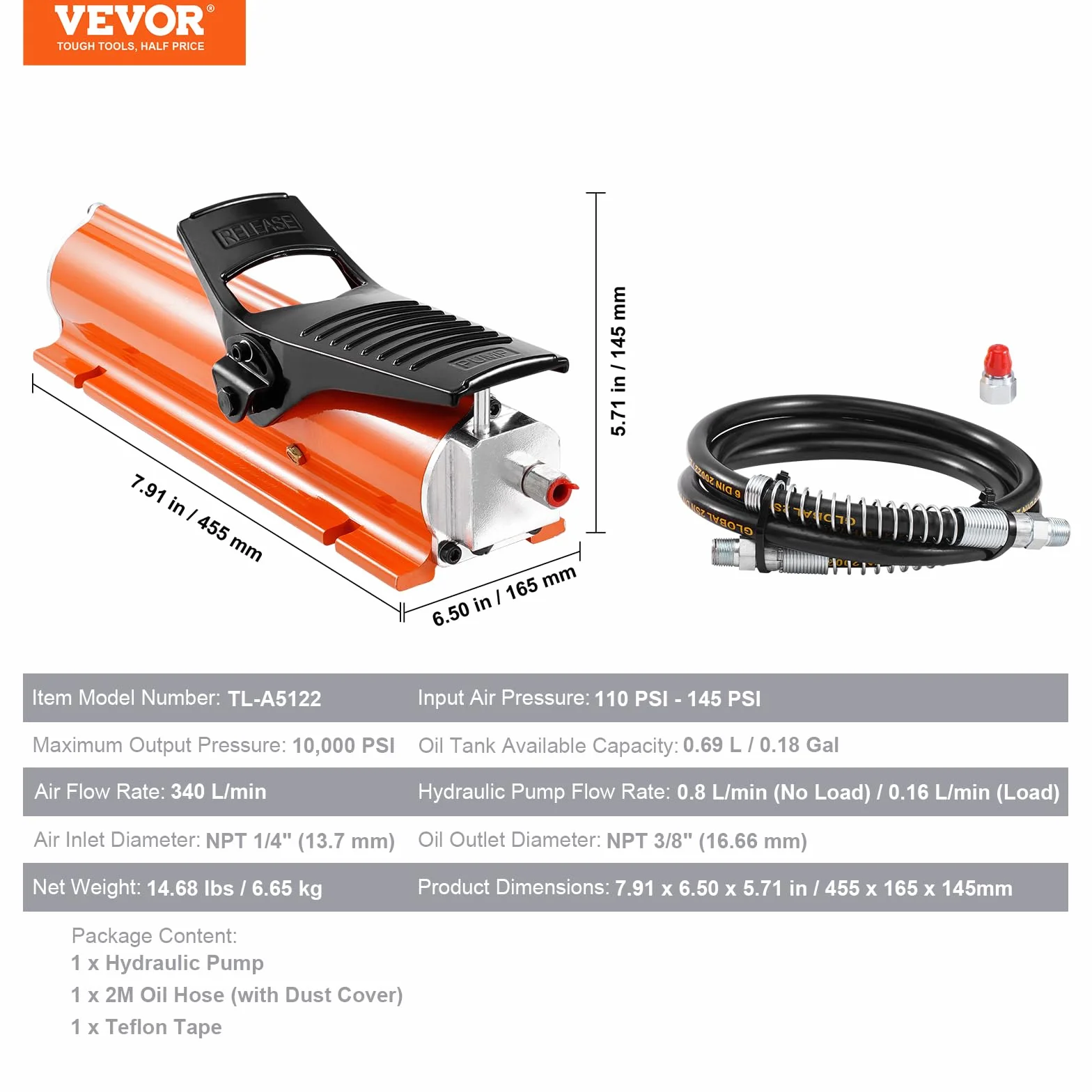 VEVOR Bomba Hidráulica Neumática de 10000 PSI con Depósito de 0,69 L, Salida de Aceite NPT de 16,66 mm, Entrada NPT de 13,7 mm, Carcasa de Metal, Bomba de Pedal Neumática para Equipo Aeroespacial