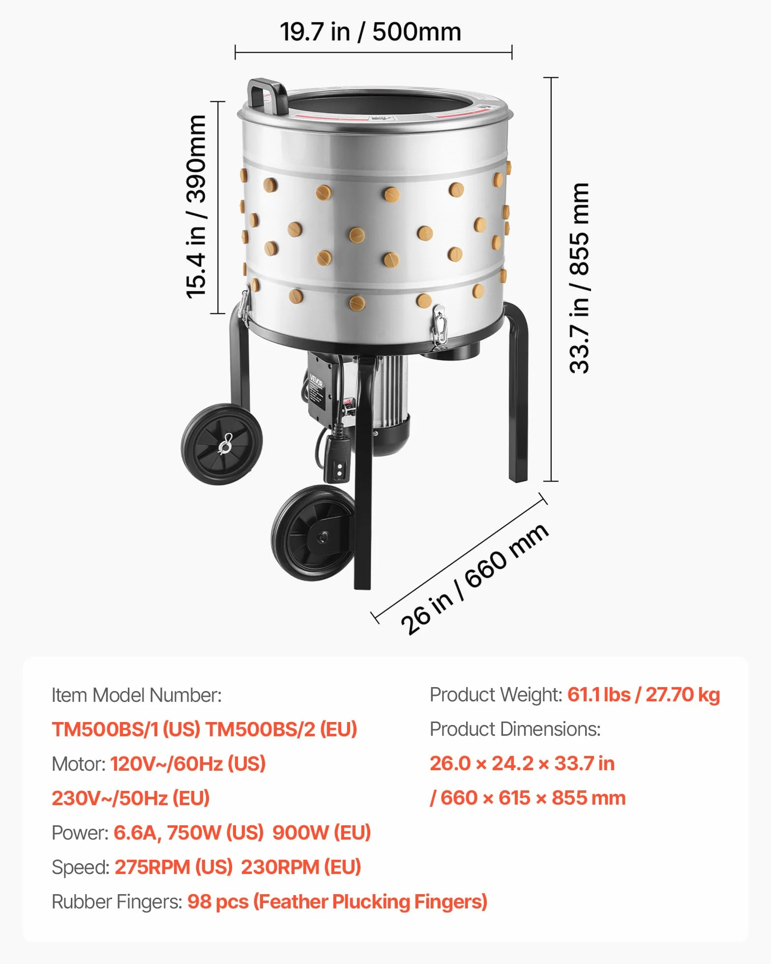 VEVOR Máquina Desplumadora de Pollos Eléctrica 900 W 230 RPM, Desplumador de Plumas Tambor de 50 cm de Acero Inoxidable con 98 Dedos Suaves y Ruedas de Transporte para Procesar 2 Pollitos a la Vez