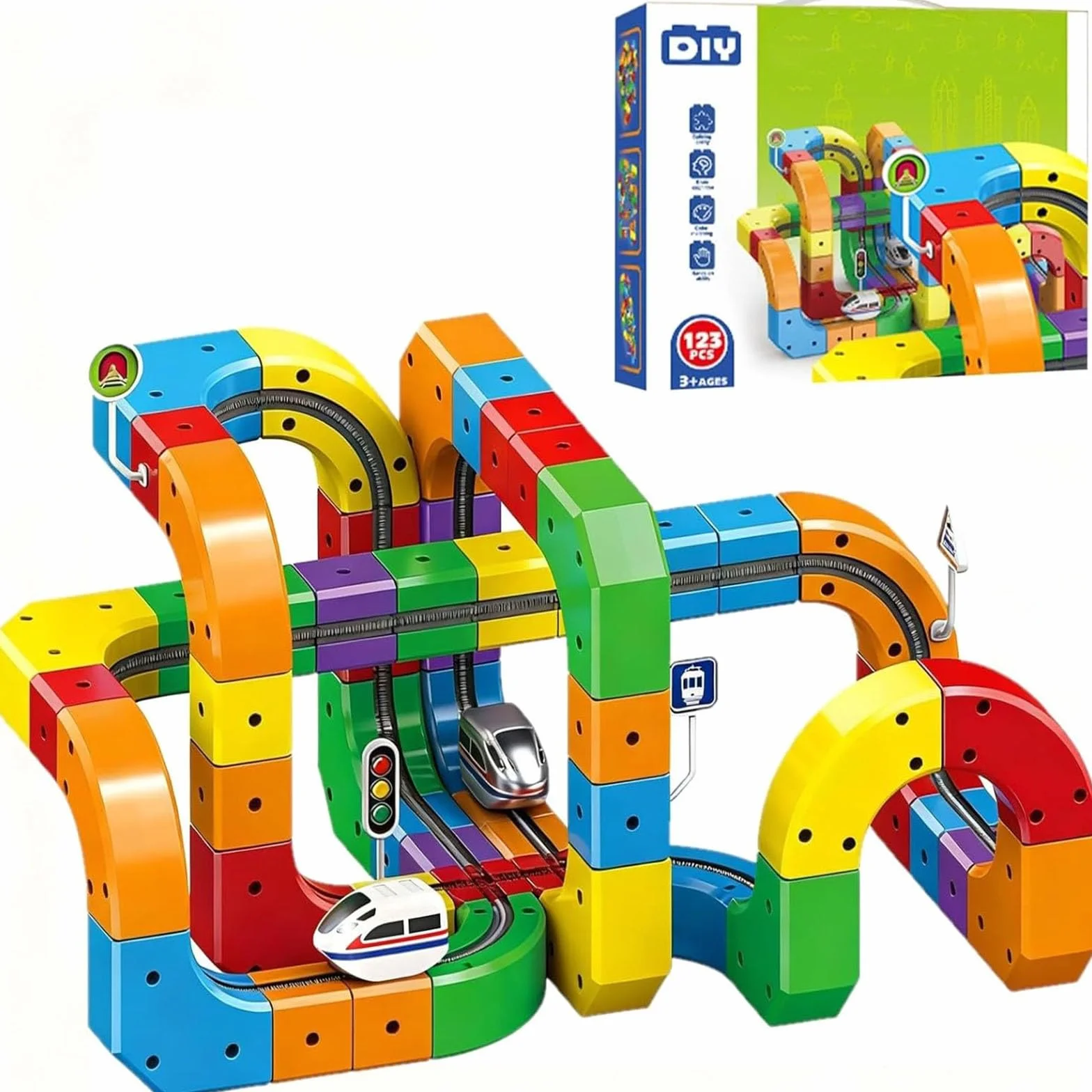 Track Fusion Juego de tren eléctrico construcción de cubo mágico tren motorizado gravedad sistema pista 3D regalo aprendizaje niños niñas 123 piezas