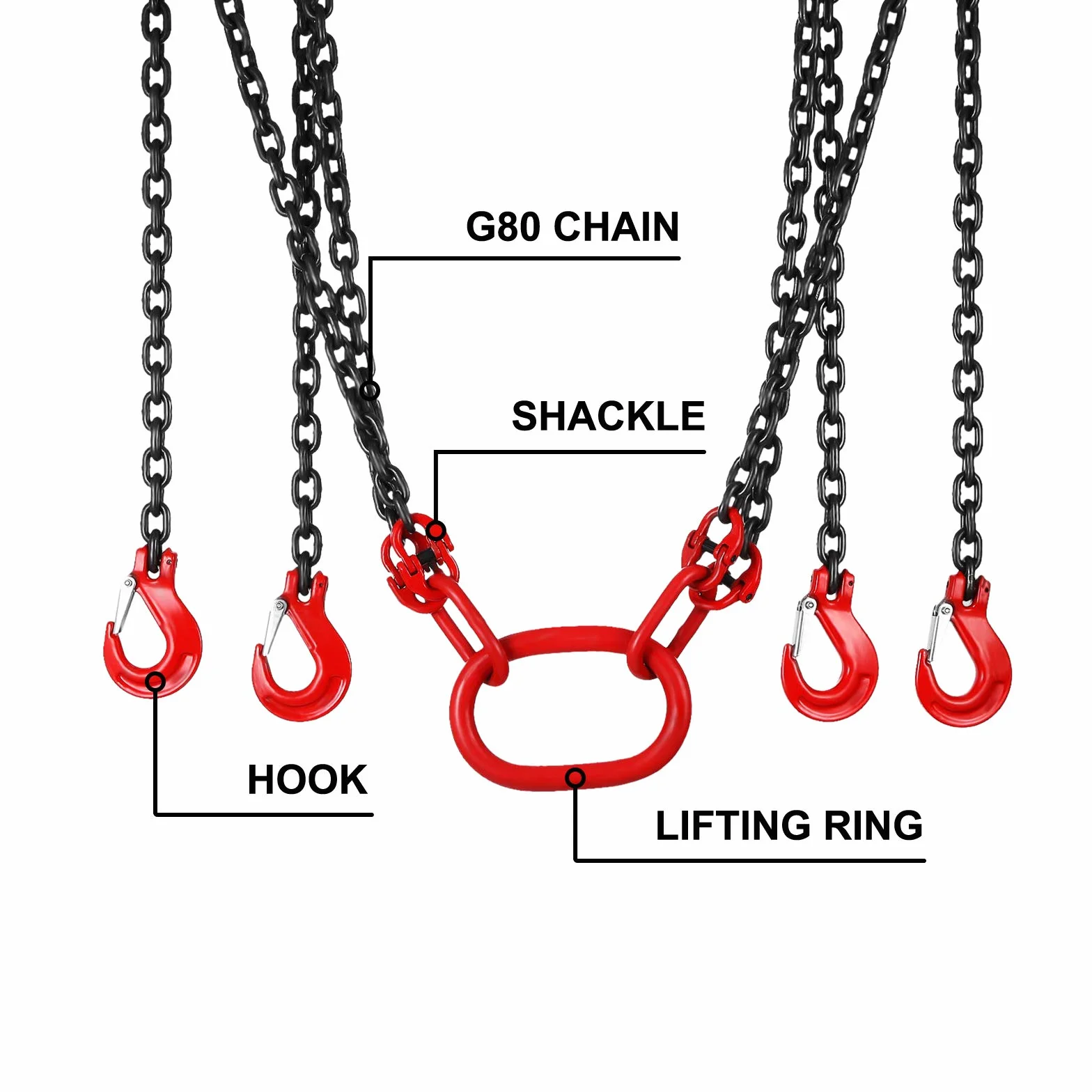 MOH Cadenas de elevación de 4 patas 4 m 5T G80 acero aleado arnés cadena gancho horquilla capacidad carga 11000 libras