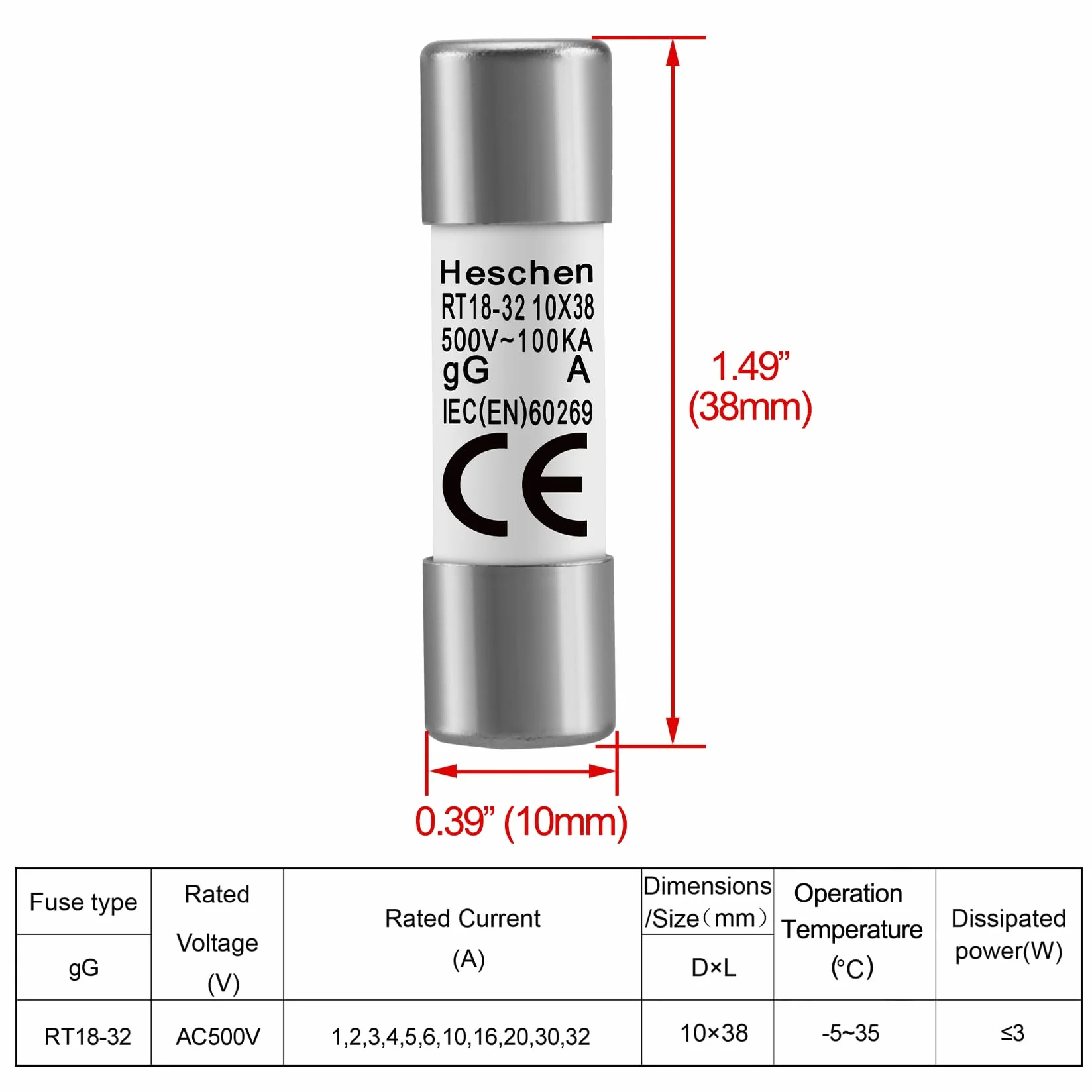 Heschen Tubo cilíndrico de cerámica RT18-32 10x38mm 5A 500V CE 20 unidades