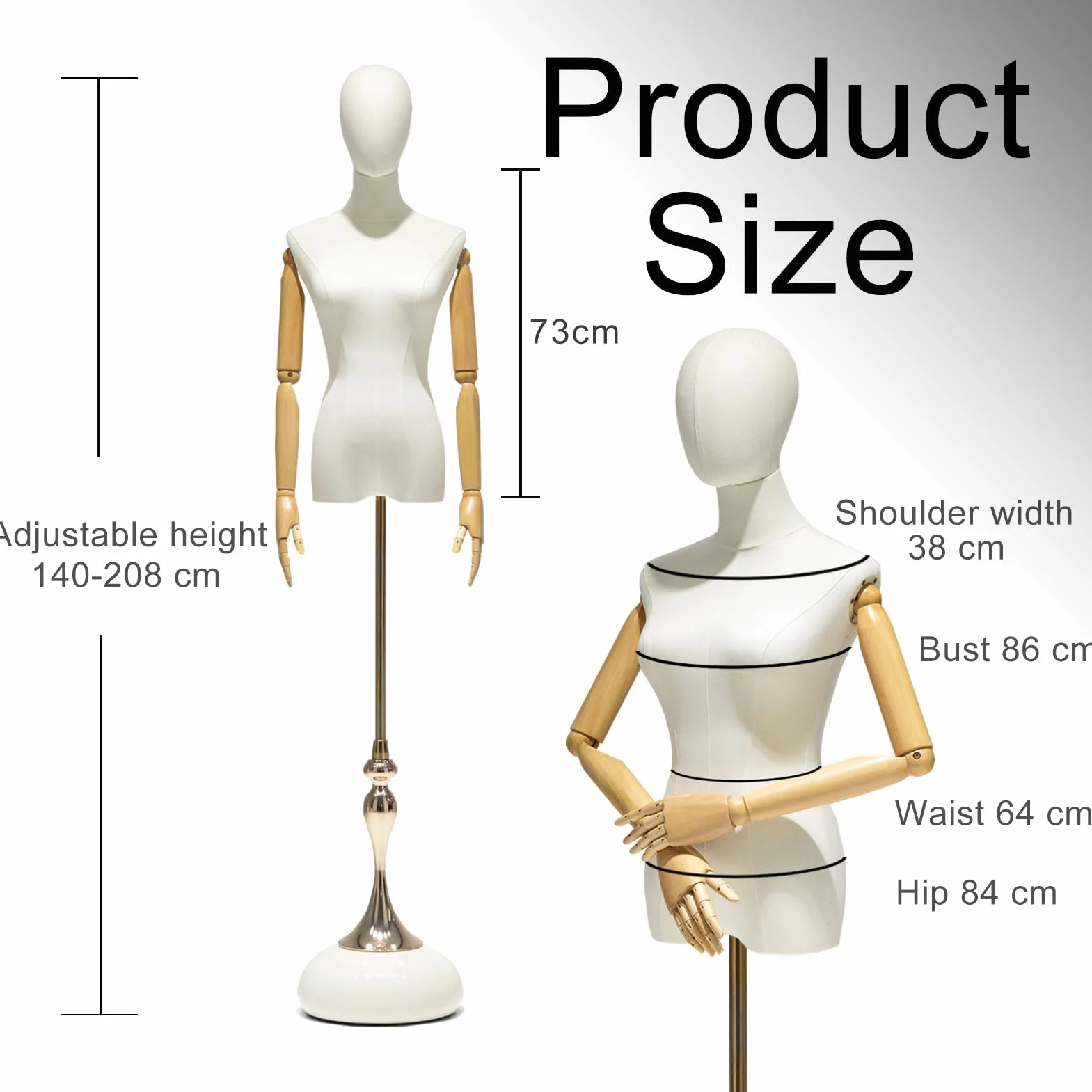 Jueraori Maniqui Costura Mujer Femenino, 140 - 208 cm Ajustable Altura Mannequein, Torso de maniquí con Base Metálica en Forma de Lágrima, Vestido Maniquies Torso Femenino con Brazos y Dedos de Madera
