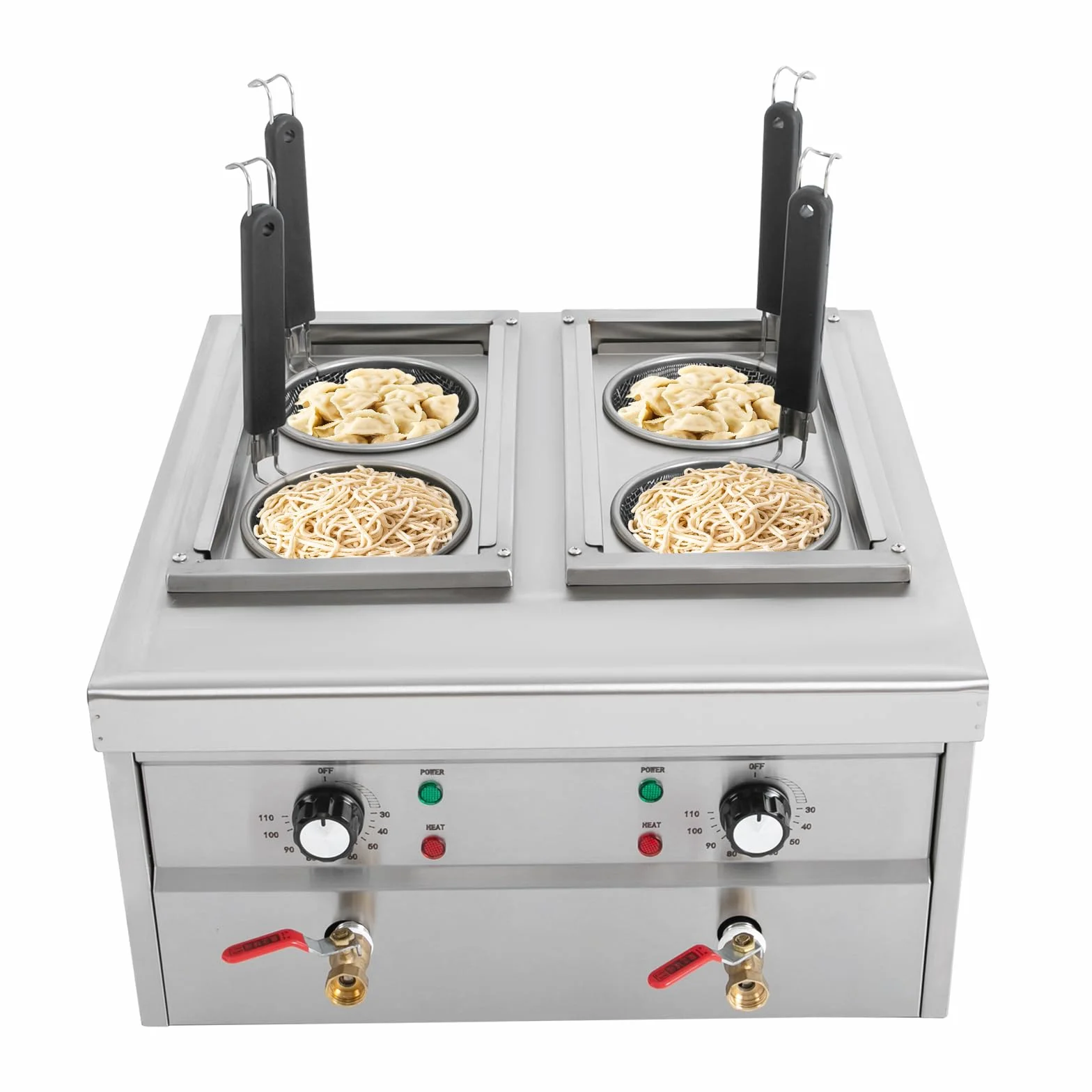Hervidor de pasta eléctrico, 2 x 2 kW, cómoda máquina de cocinar pasta con 4 cestas de colador, 220 V, diseño de 4 agujeros, capacidad nominal 2 x 9 L, ajustable a 30 – 110 °C