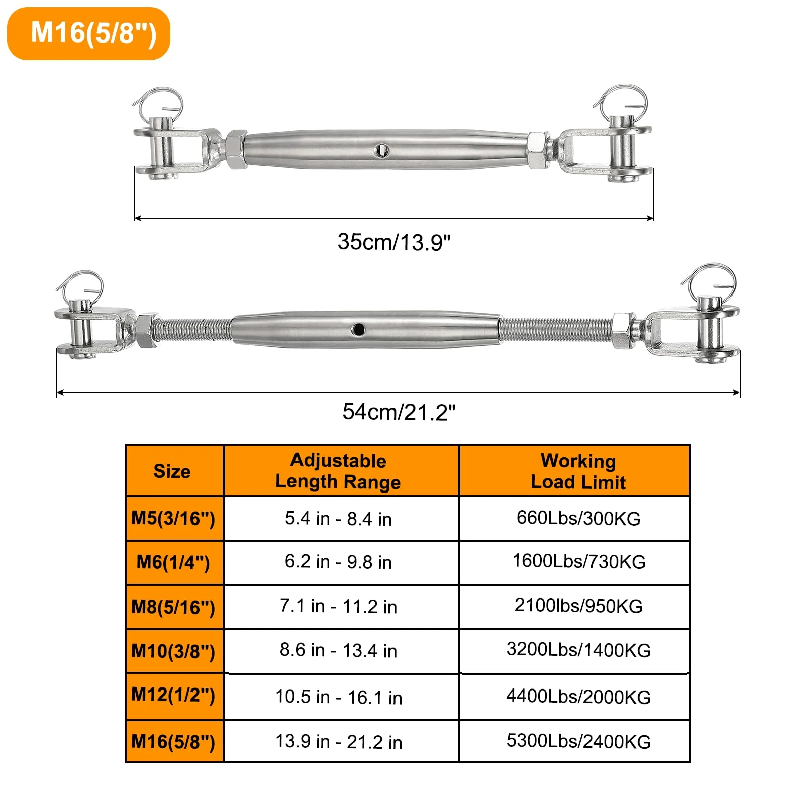 QUARKZMAN 2 Piezas M16(5/8") Tensor De Cable De Cuerda De Alambre con Cuerpo Cerrado Y Ojo Y Ojo, Tensor Ajustable De Acero Inoxidable para Vela, Límite De Carga De Trabajo De 5300Lbs