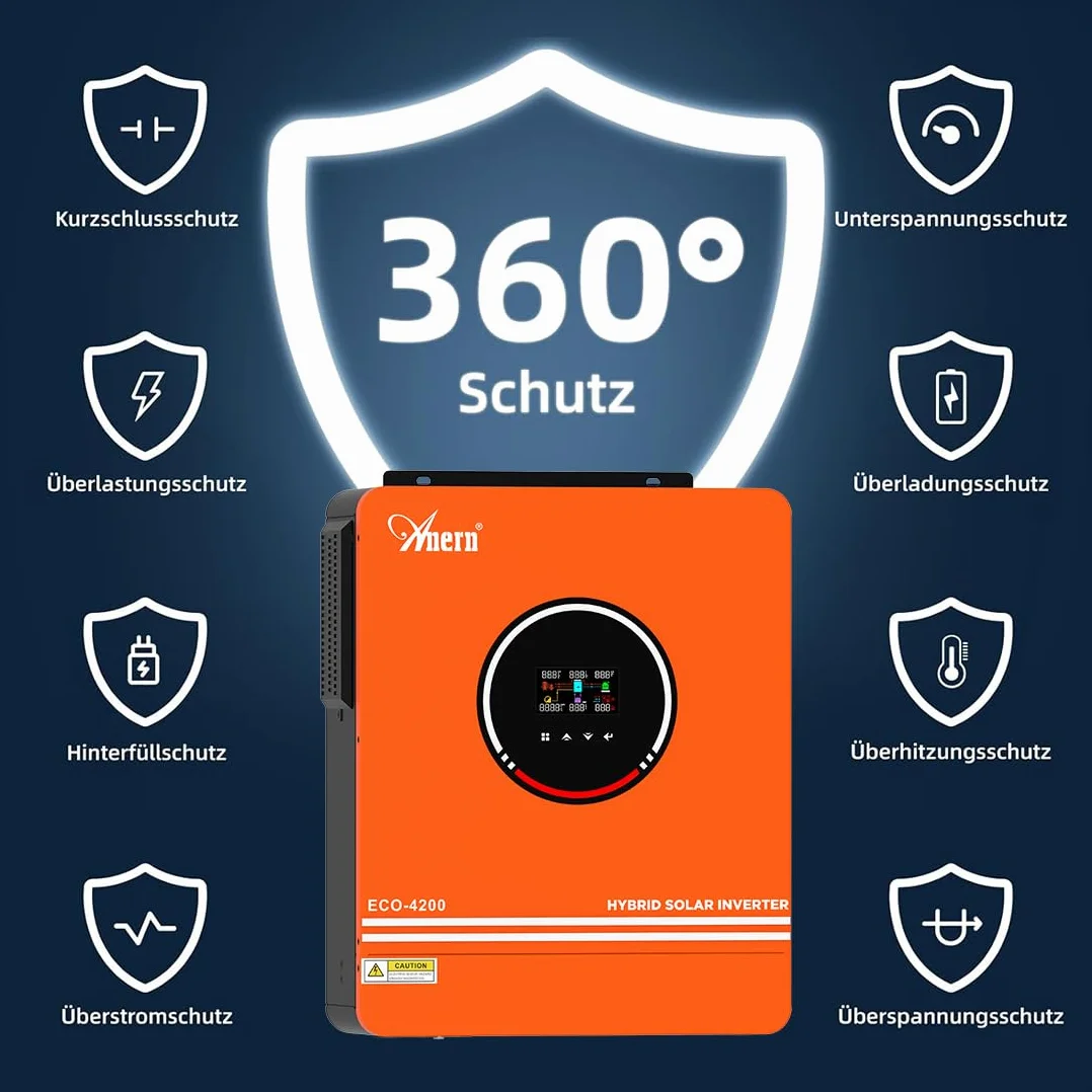 Anern 4200W Inversor Solar Híbrido 24V DC a 220V-240V AC, Controlador Solar MPPT de 120A Integrado, Funciona con Baterías de Plomo y Ácido de Litio de Tensión de Entrada PV Máx. 450V con WiFi