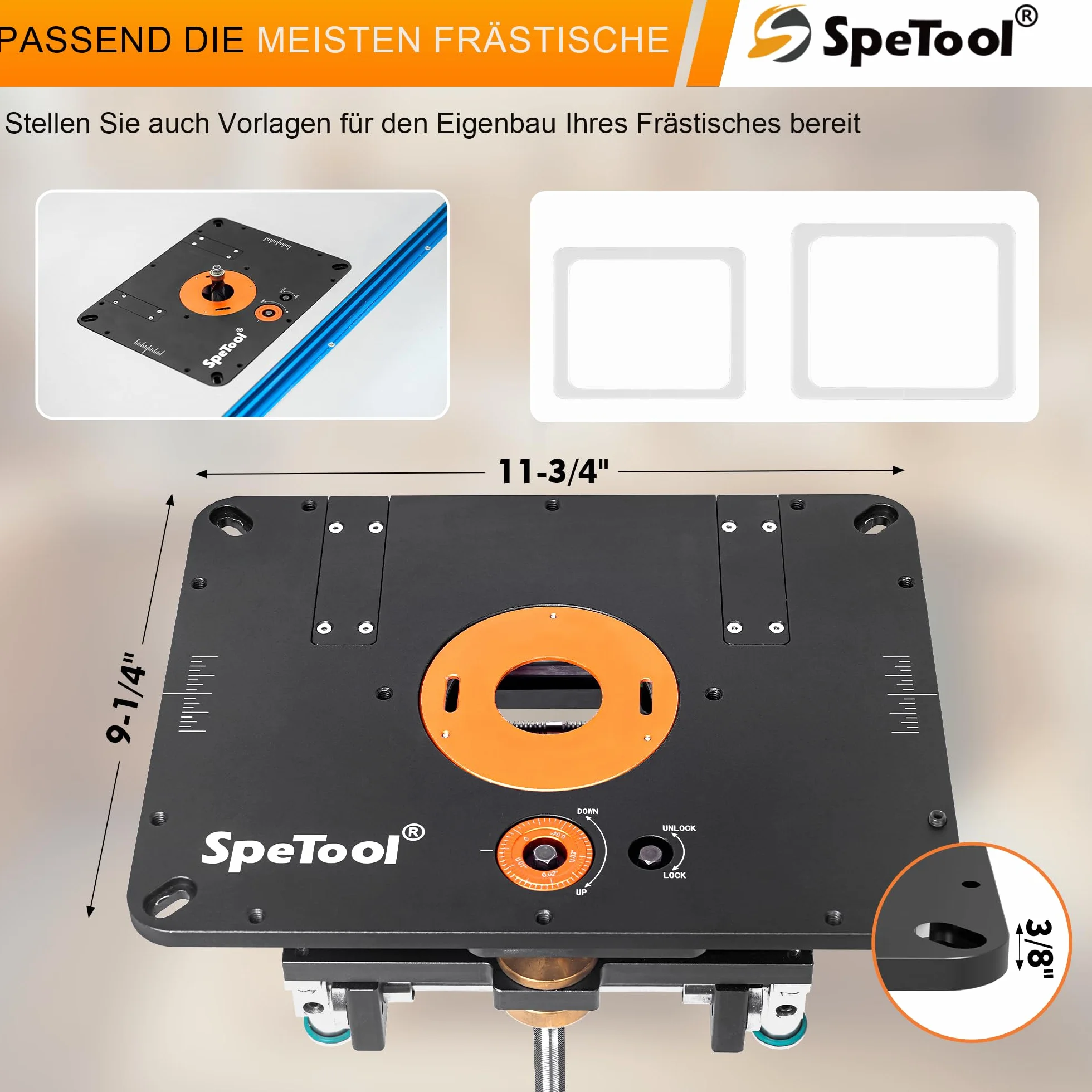 SpeTool Elevador de fresado para fresadoras superiores con 65 mm de diámetro y 107 mm de diámetro, elevador de fresado de aluminio con plantilla de bricolaje y 3 anillos magnéticos, placa de fresado
