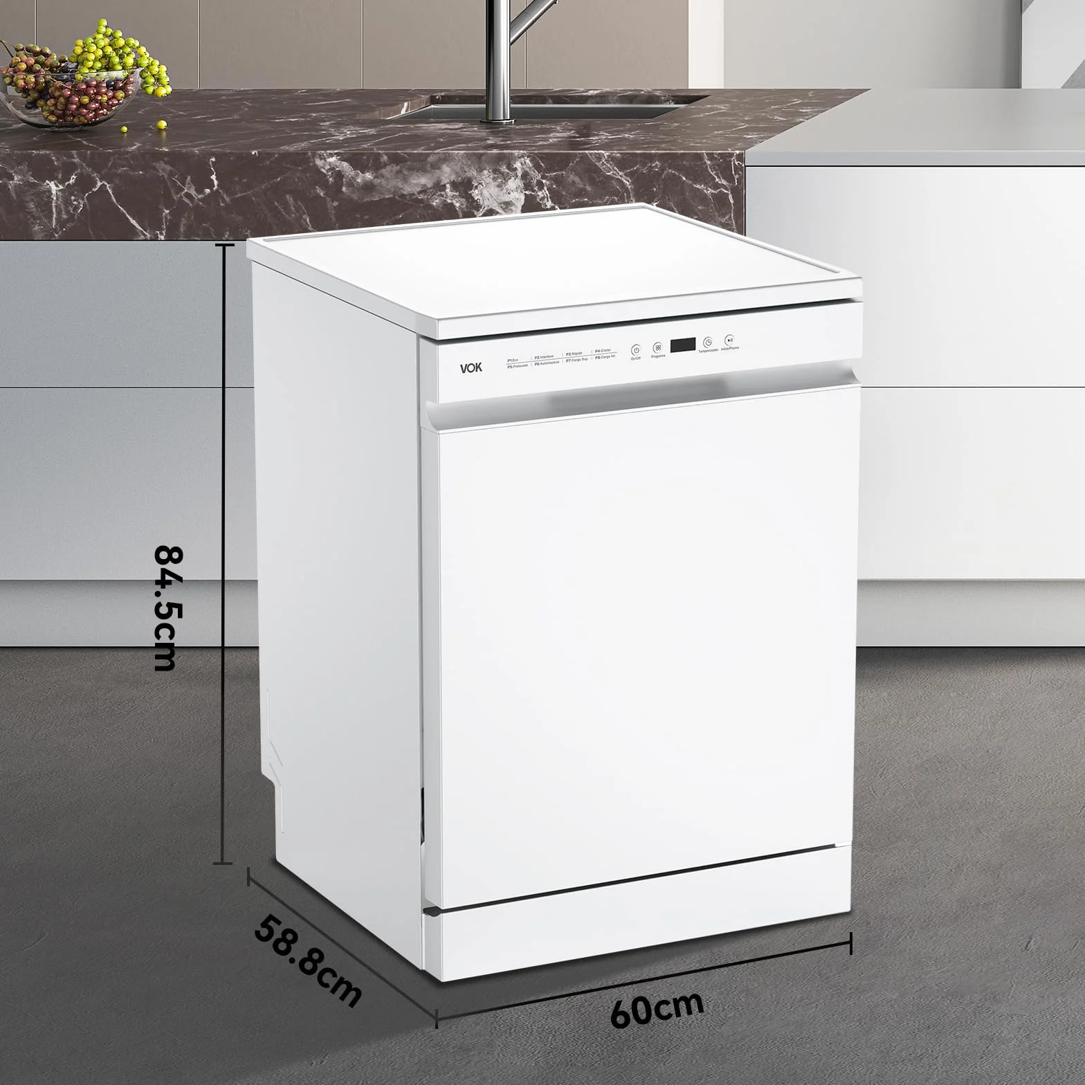 VOK Lavavajillas 60 cm 14 Cubiertos 8 Programas 47 dB Silencioso Clase C 3ª Bandeja Apertura Automática Blanco